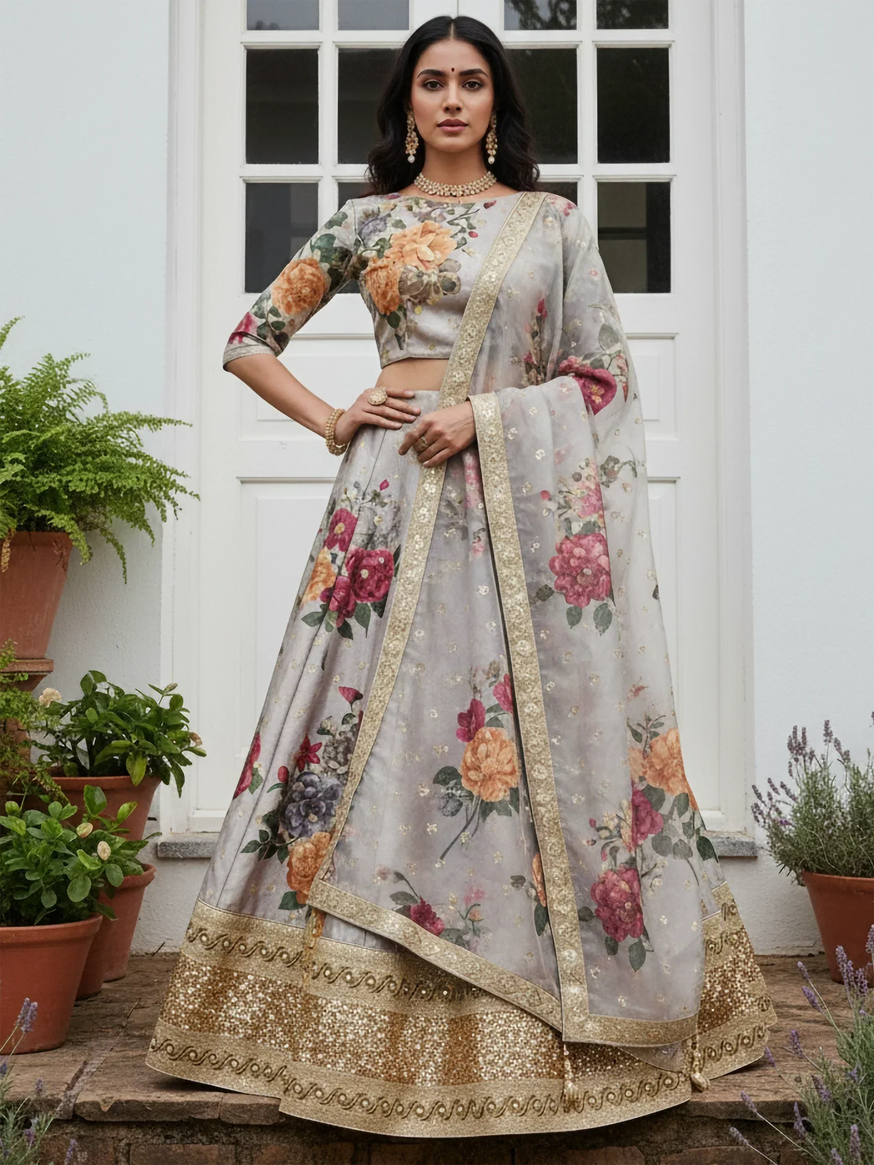 Awesome Gray Floral Printed Art Silk Lehenga Choli With Dupatta