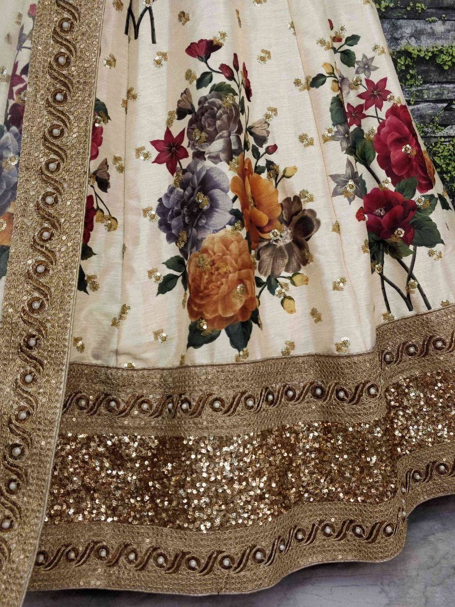 Cream & Printed Semi-Stitched Myntra Lehenga & Unstitched Blouse with Dupatta
