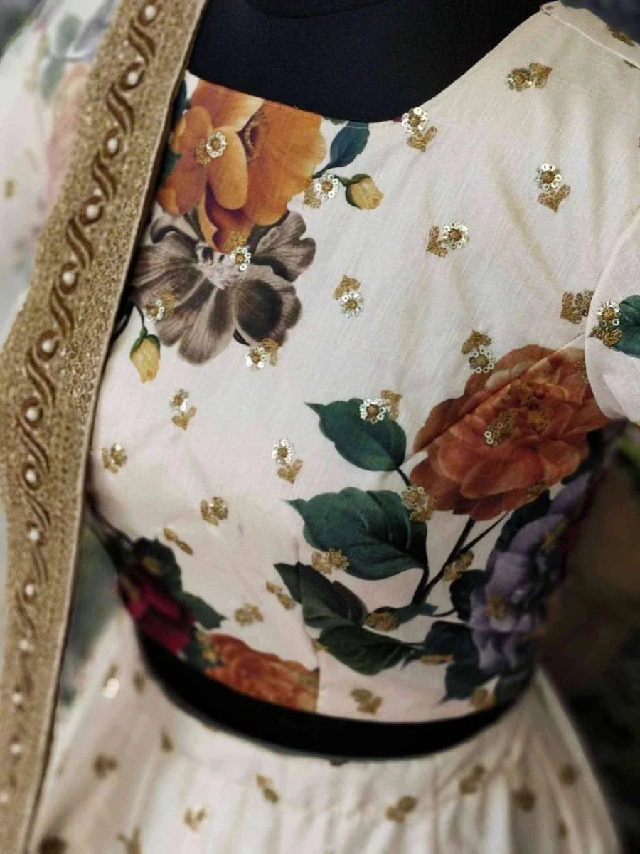 Cream & Printed Semi-Stitched Myntra Lehenga & Unstitched Blouse with Dupatta