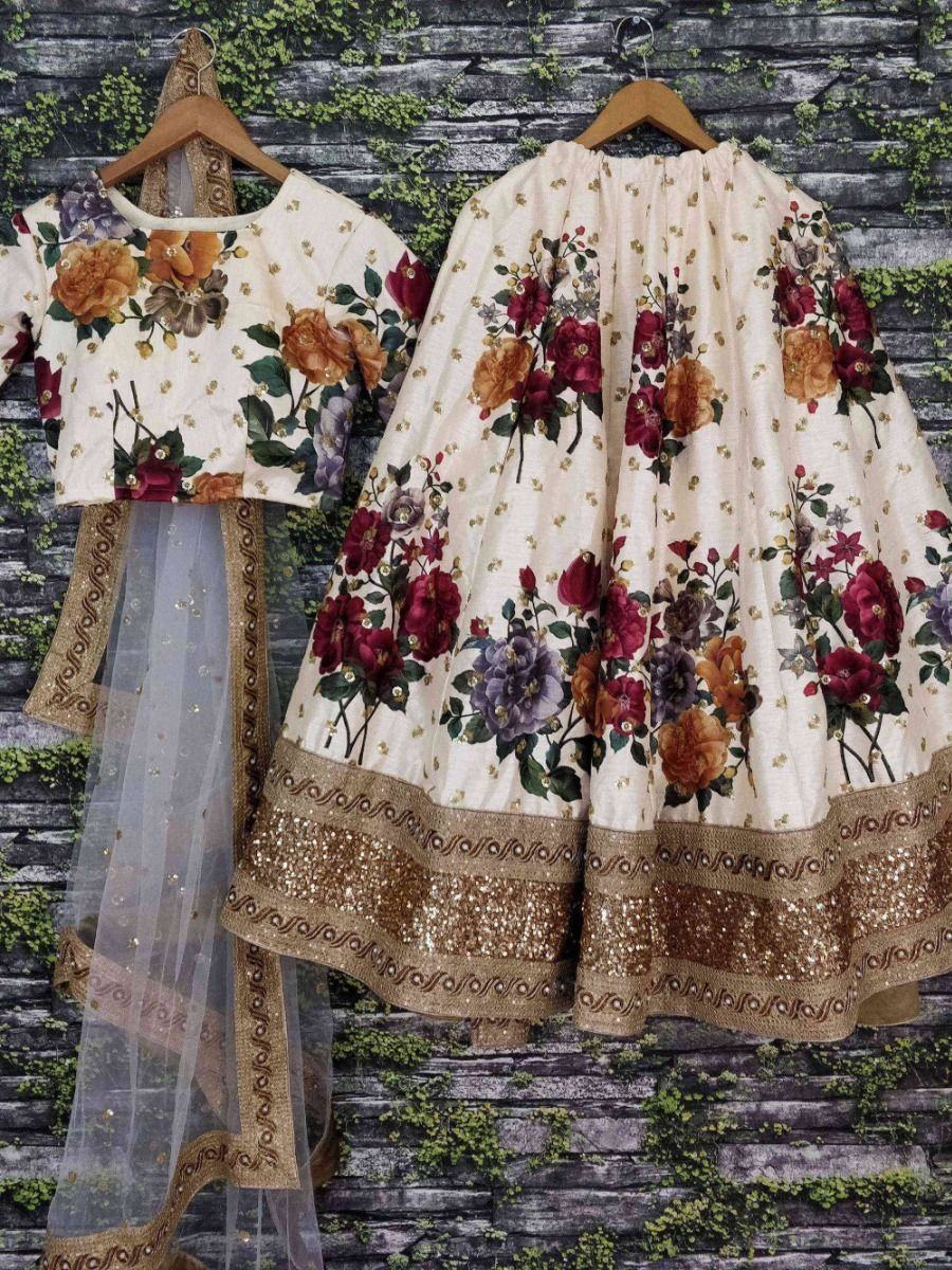 Cream & Printed Semi-Stitched Myntra Lehenga & Unstitched Blouse with Dupatta