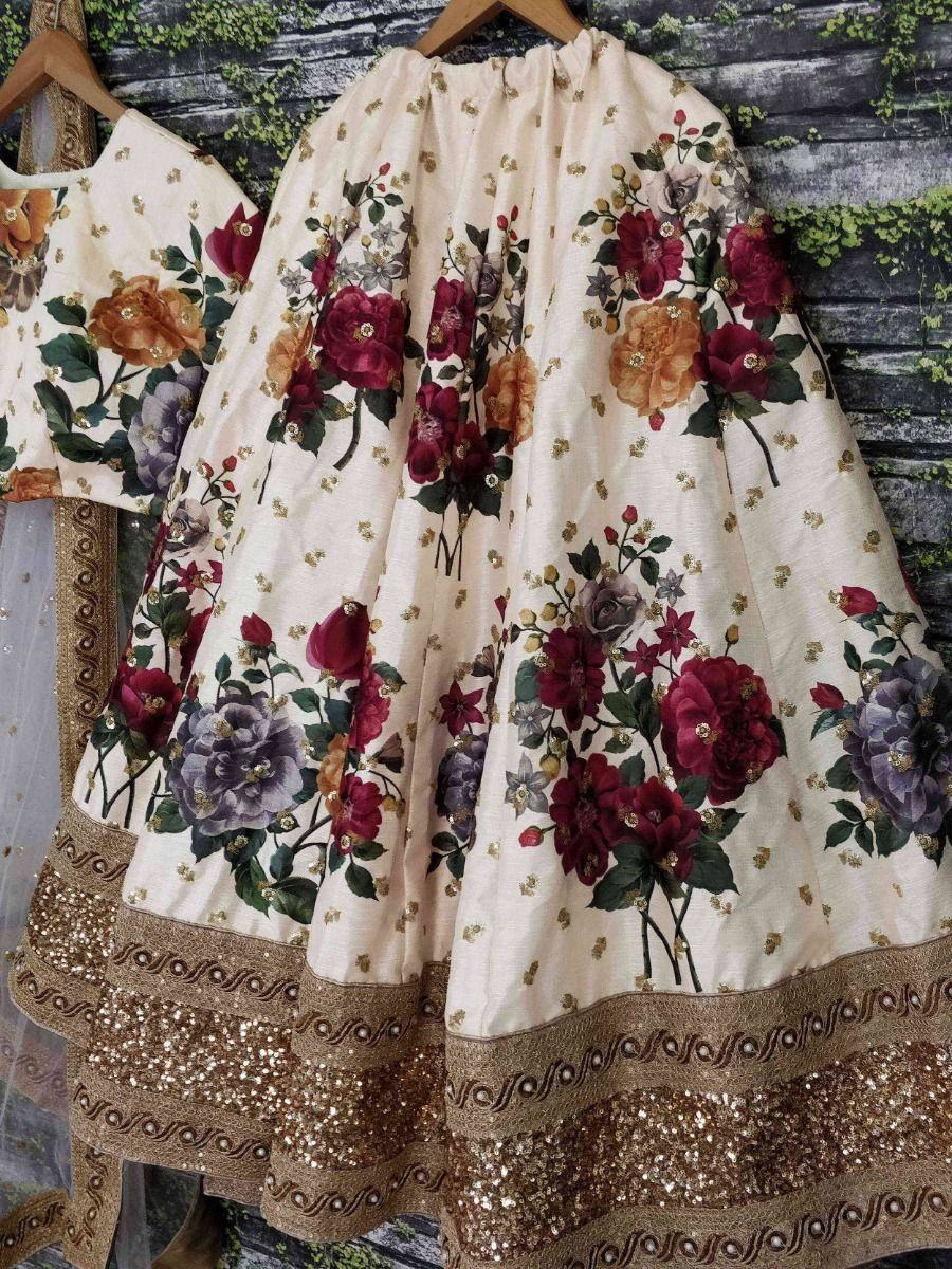 Cream & Printed Semi-Stitched Myntra Lehenga & Unstitched Blouse with Dupatta