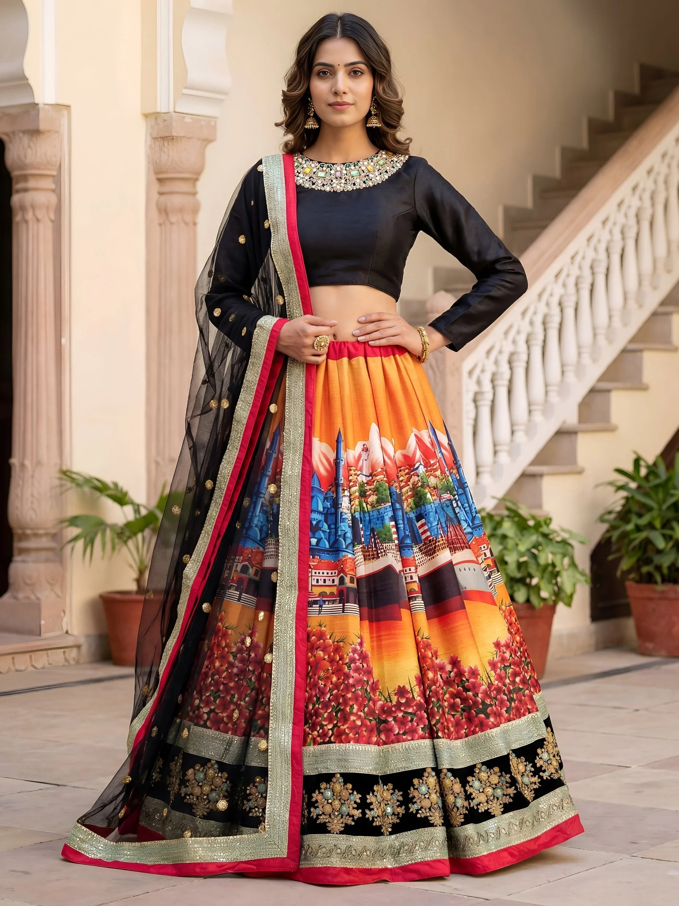 Attractive Multi-Color Digital Printed Silk Wedding Lehenga Choli