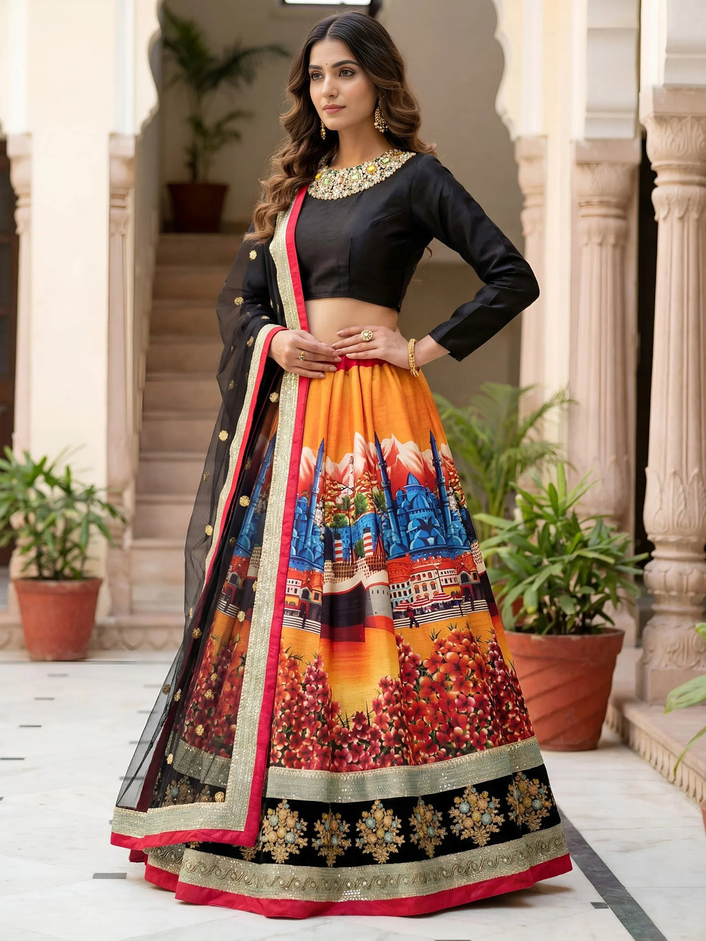 Attractive Multi-Color Digital Printed Silk Wedding Lehenga Choli