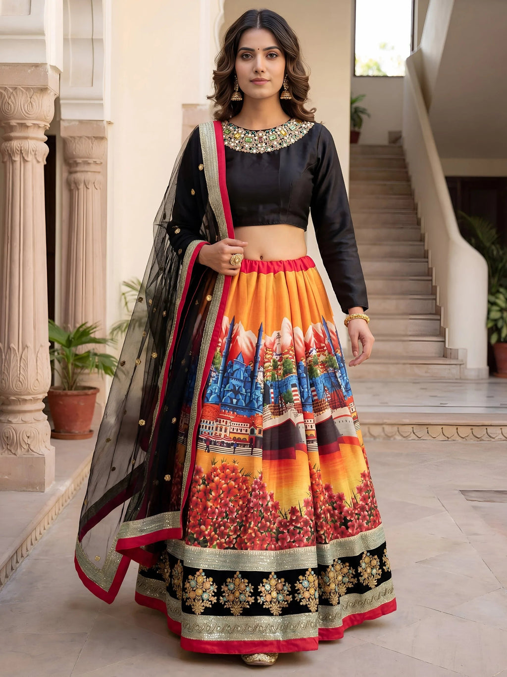 Attractive Multi-Color Digital Printed Silk Wedding Lehenga Choli
