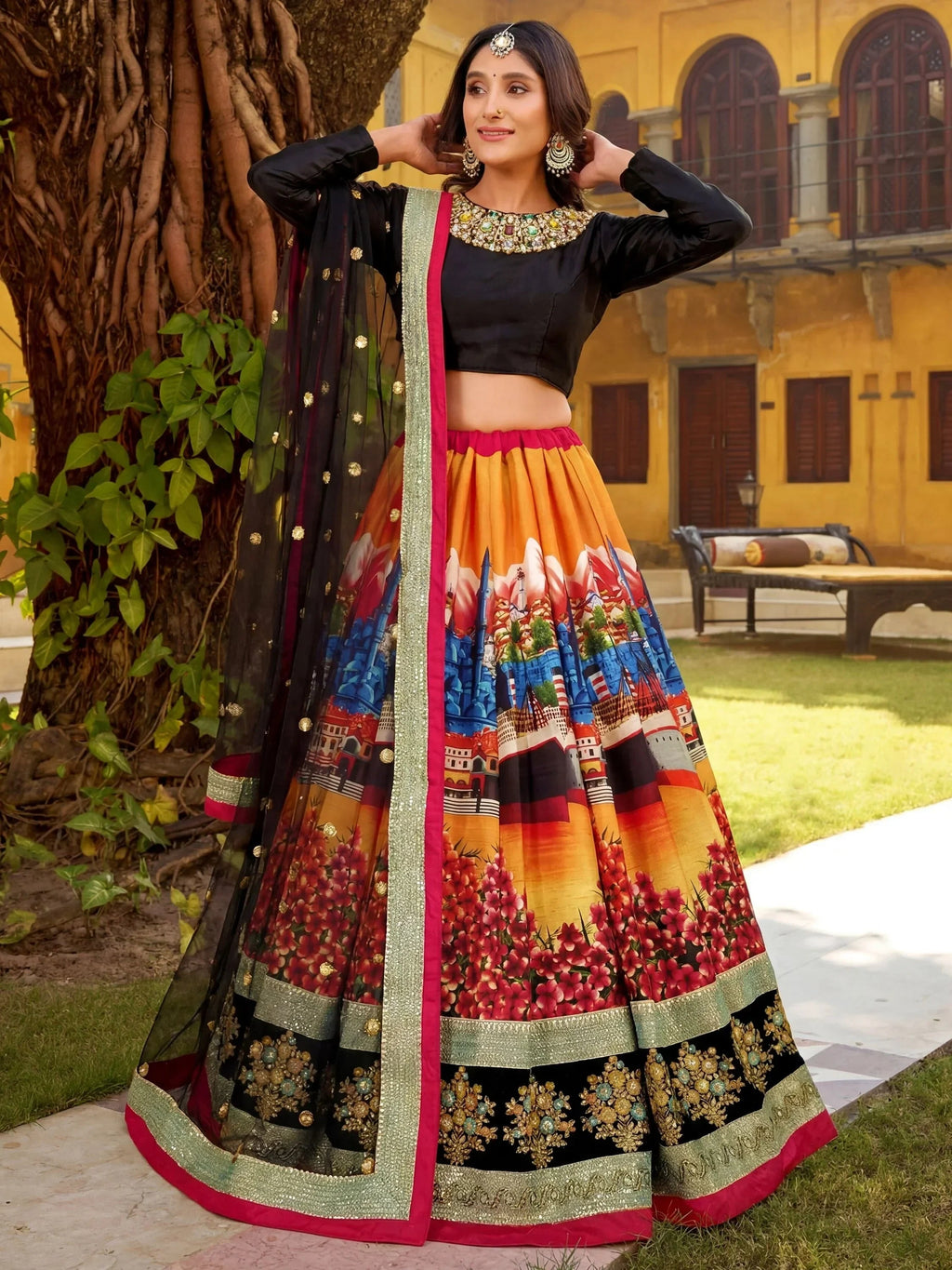 Glowing Multi-Color Digital Printed Silk Wedding Lehenga Choli