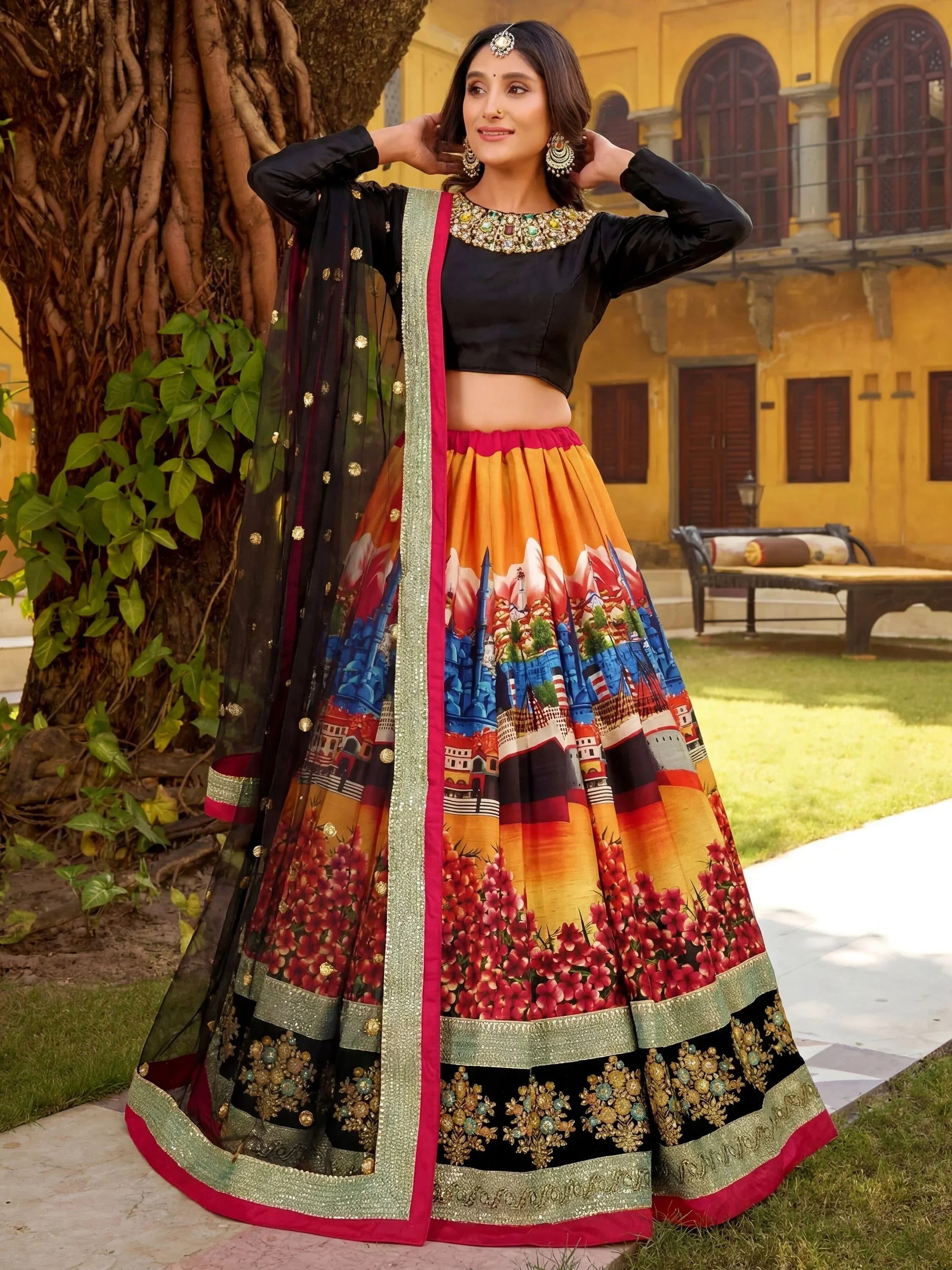 Glowing Multi-Color Digital Printed Silk Wedding Lehenga Choli