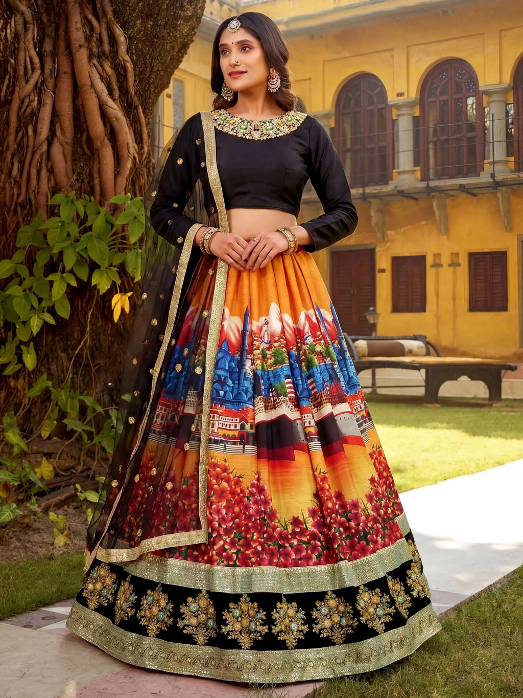 Glowing Multi-Color Digital Printed Silk Wedding Lehenga Choli