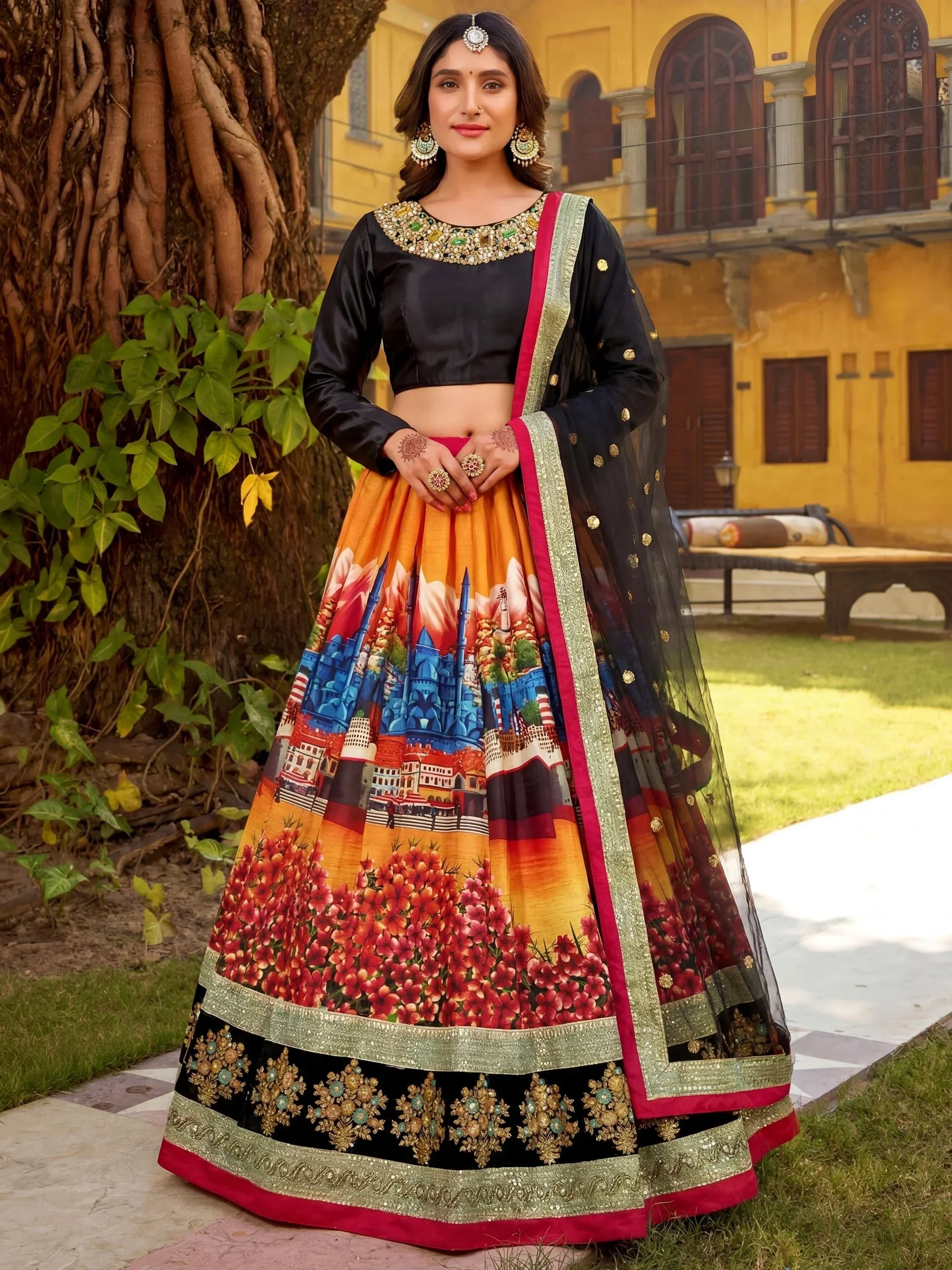Glowing Multi-Color Digital Printed Silk Wedding Lehenga Choli