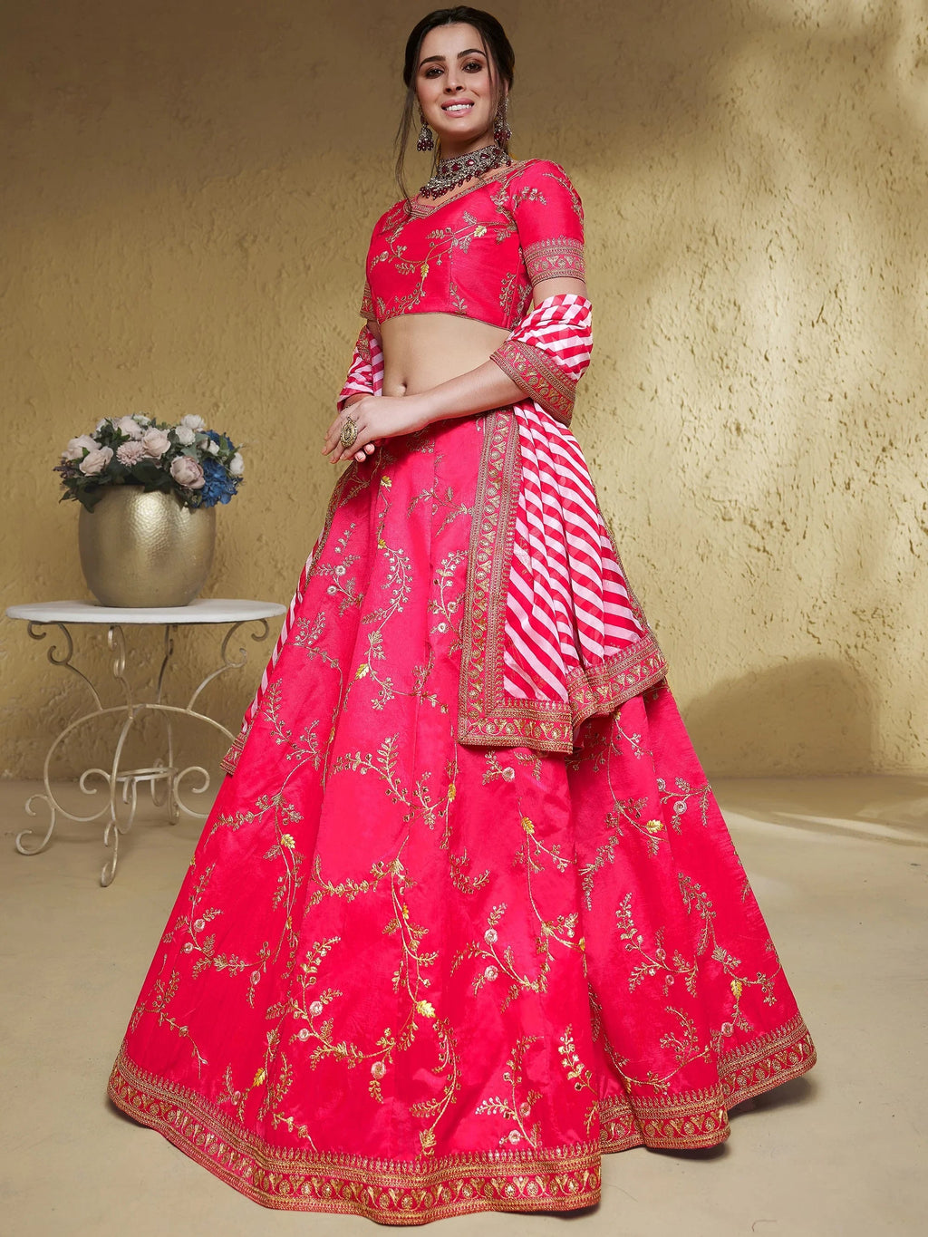 Glowing Pink Embroidered Silk Engagement Wear Plus Size Lehenga Choli