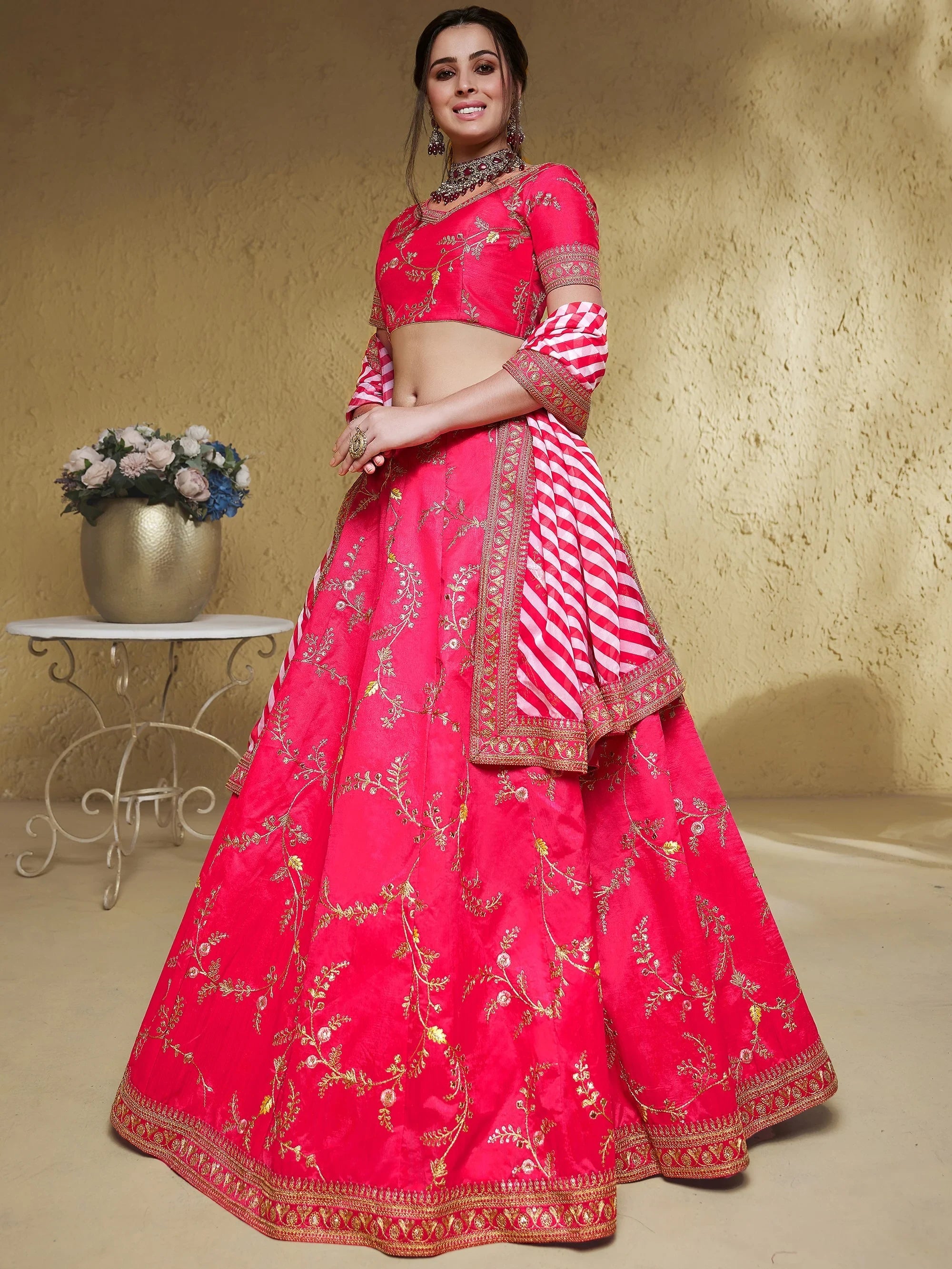 Glowing Pink Embroidered Silk Engagement Wear Plus Size Lehenga Choli