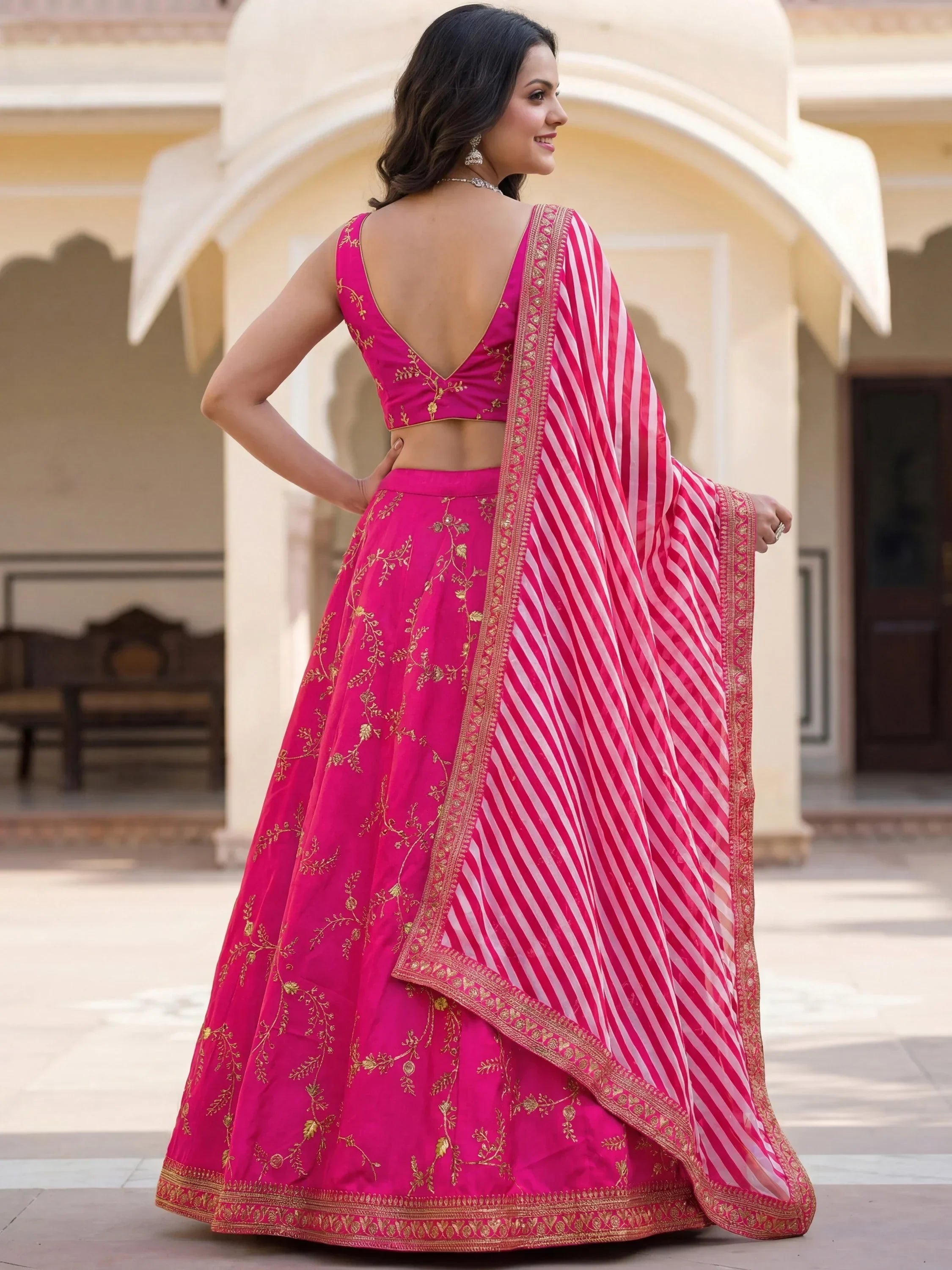 Fantastic Pink Embroidered Silk Funstion Wear Lehenga Choli
