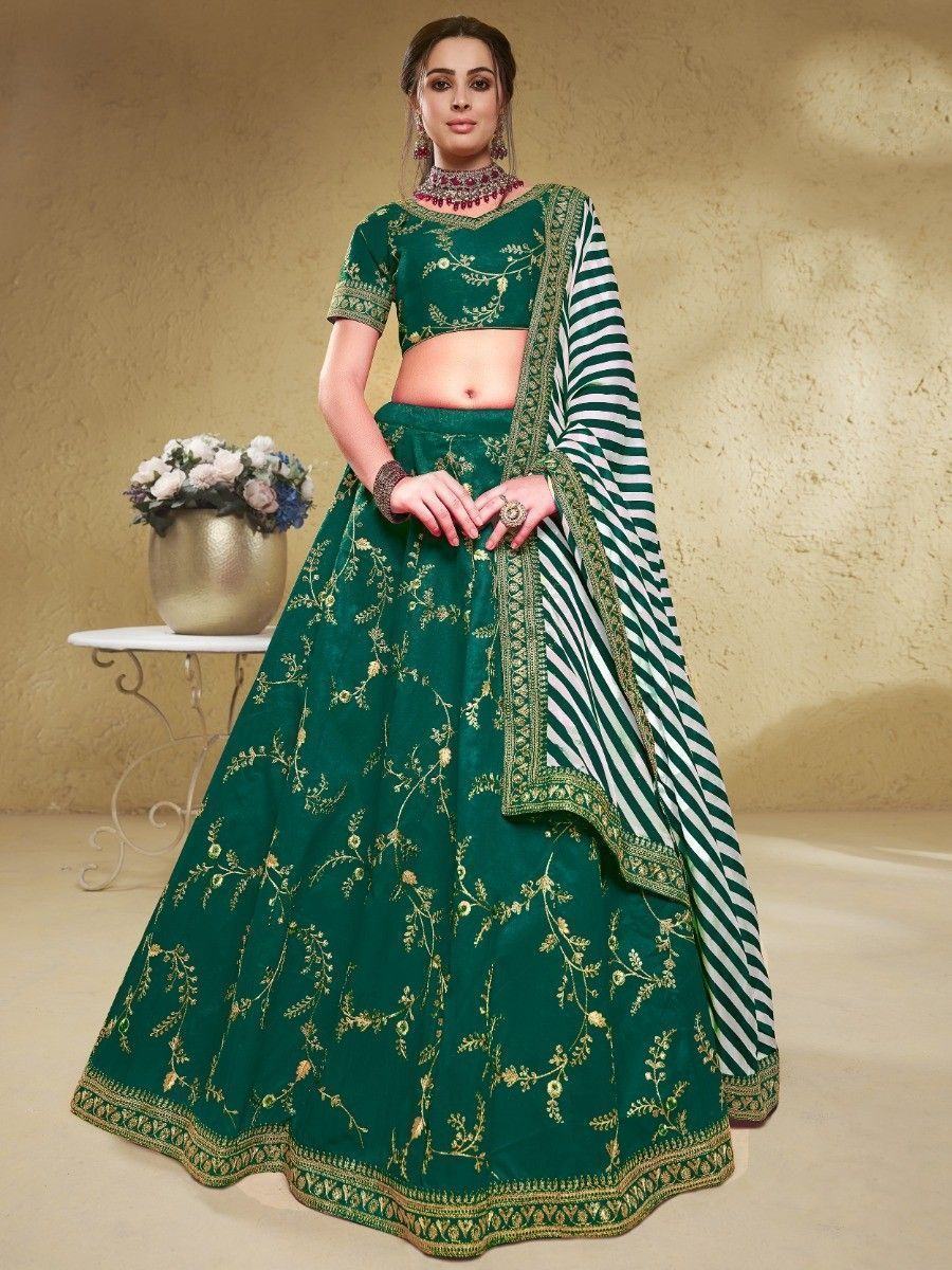 Green Semi-Stitched Myntra Lehenga & Unstitched Blouse with Dupatta