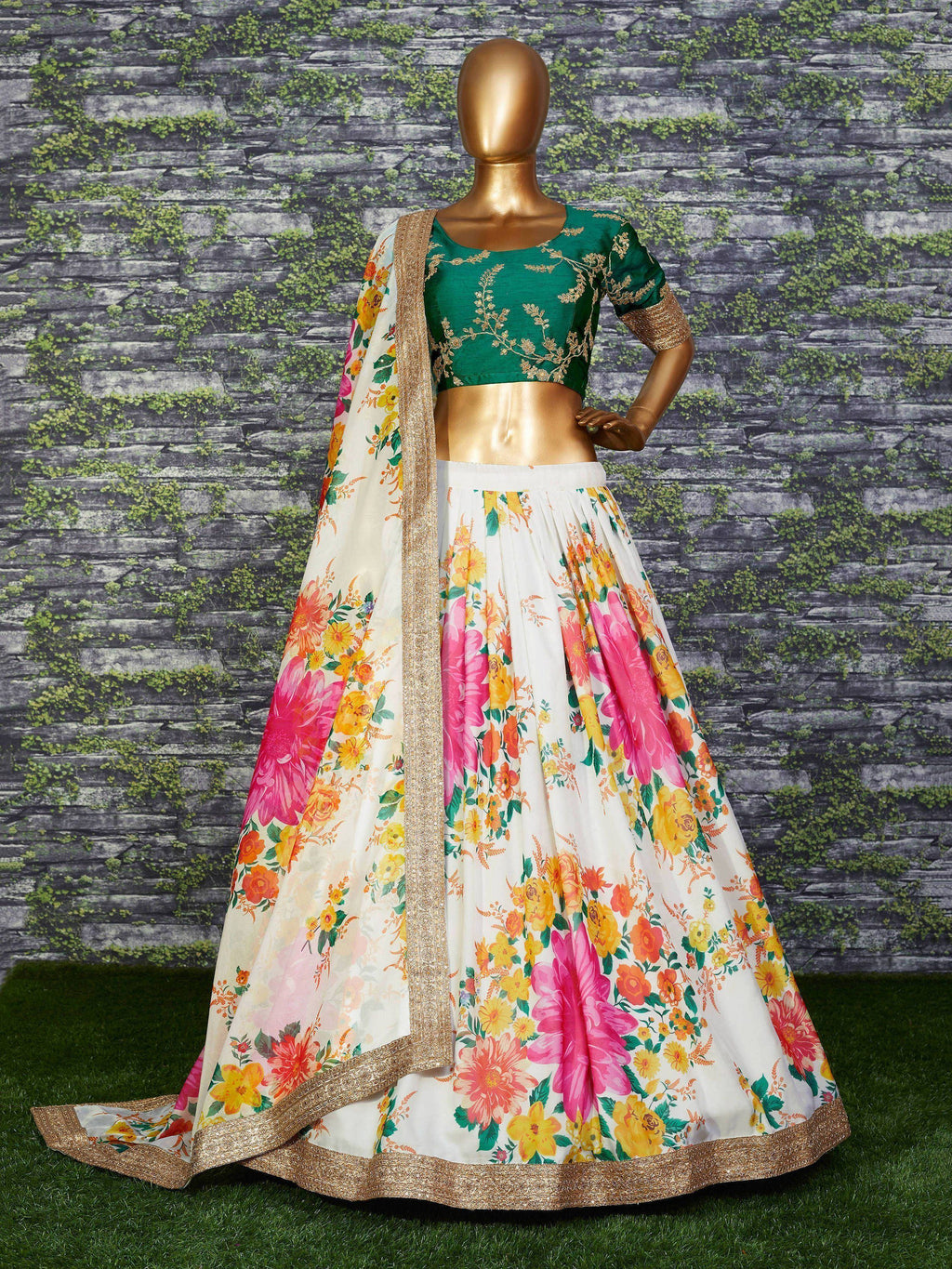 Sabyasachi Off White Floral Digital Printed Organza Bridal Lehenga Choli