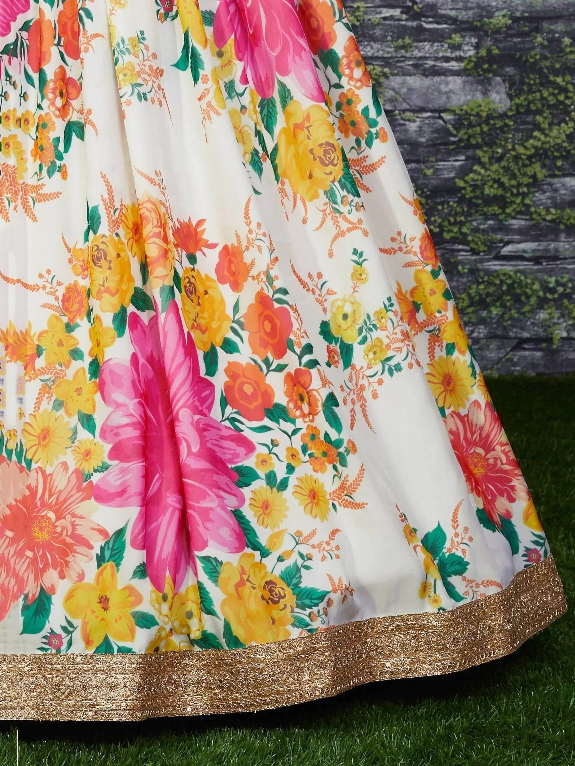 Sabyasachi Off White Floral Digital Printed Organza Bridal Lehenga Choli