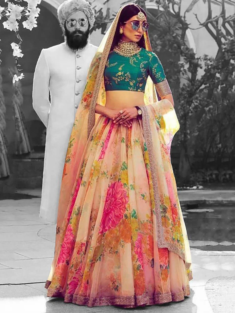 Sabyasachi Off White Floral Digital Printed Organza Bridal Lehenga Choli