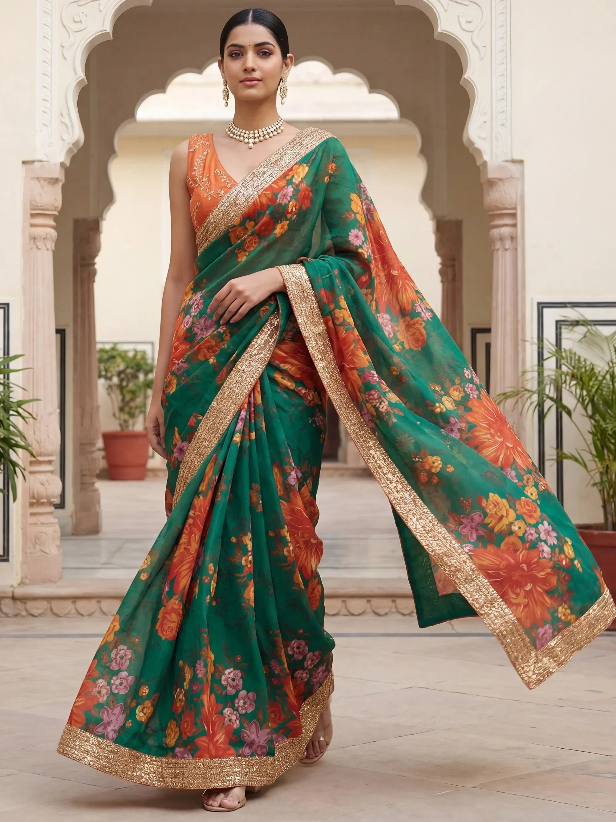 Stunning Green Floral Printed Organza Festival Wear Saree With Blouse