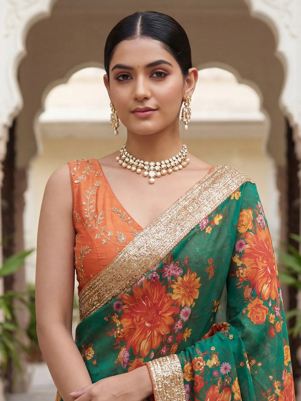 Stunning Green Floral Printed Organza Festival Wear Saree With Blouse