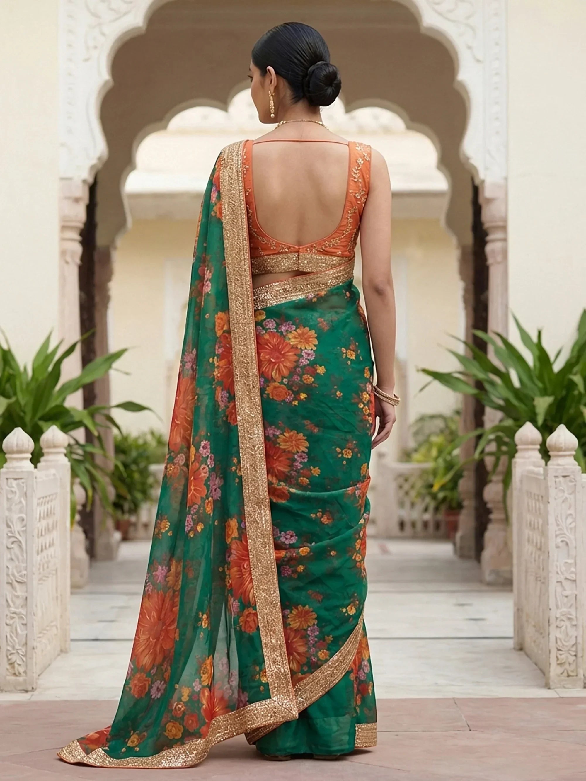 Stunning Green Floral Printed Organza Festival Wear Saree With Blouse