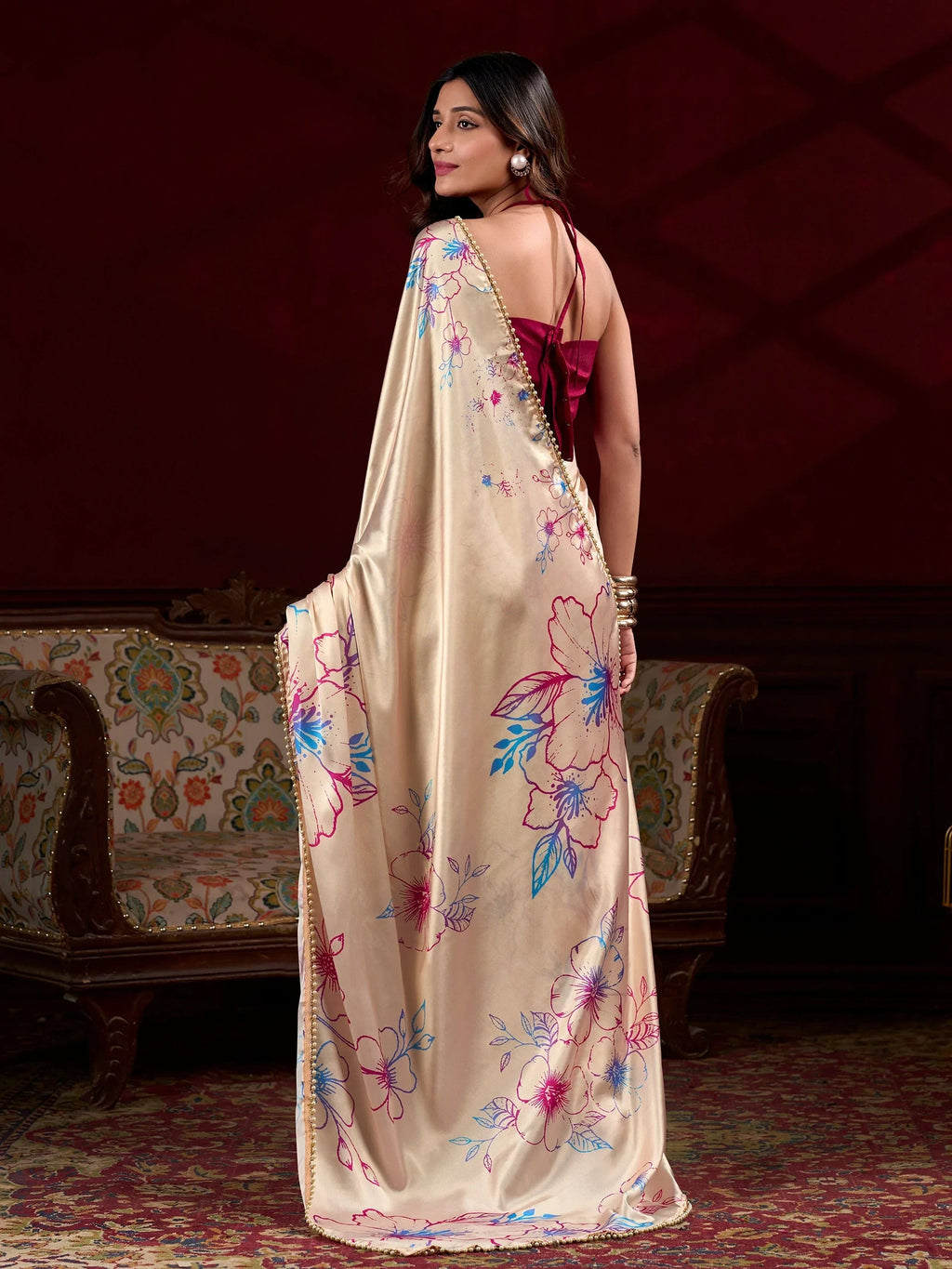 Cream Amazing Satin Floral Printed Event Wear Saree With Blouse