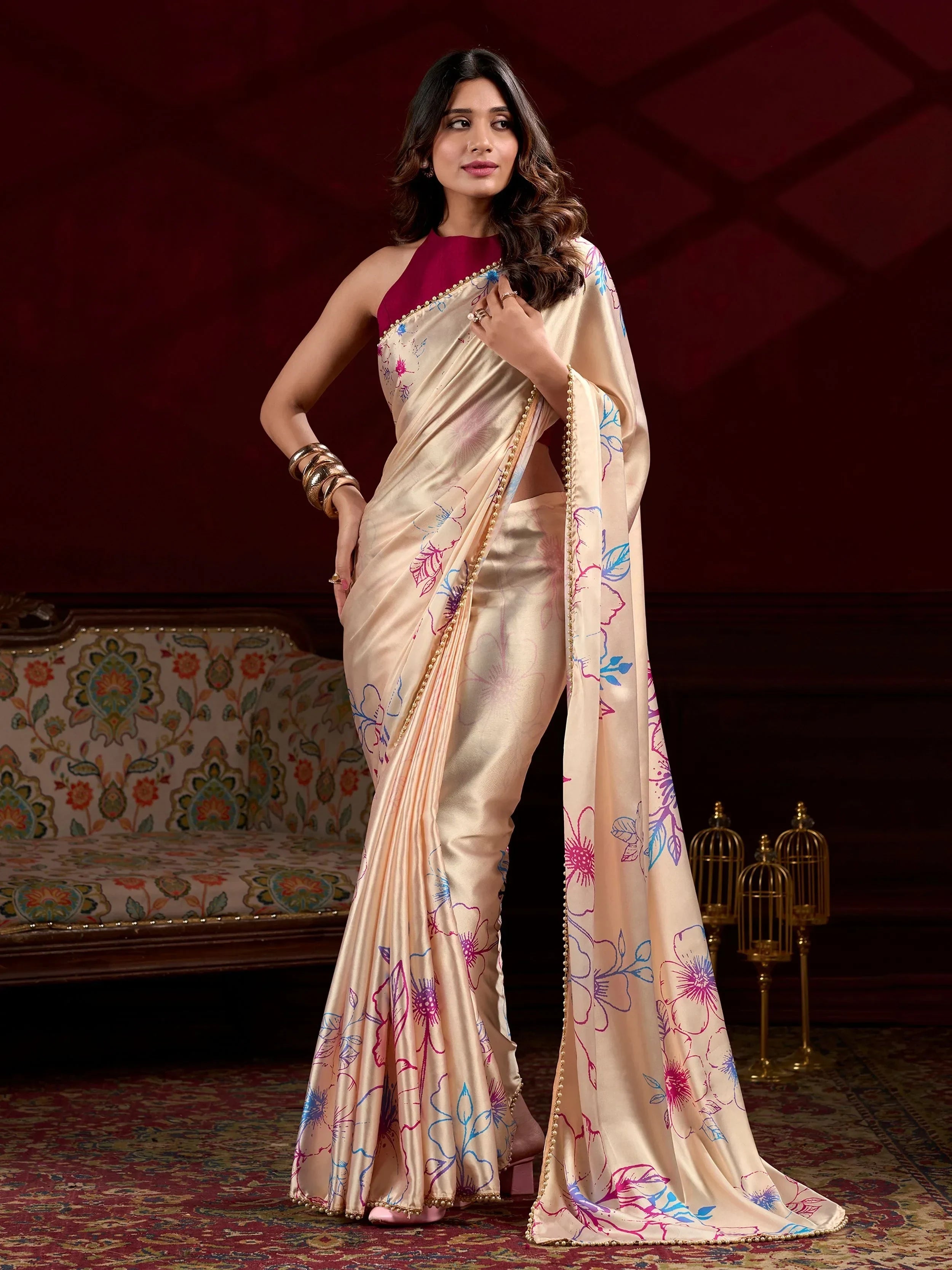 Cream Amazing Satin Floral Printed Event Wear Saree With Blouse