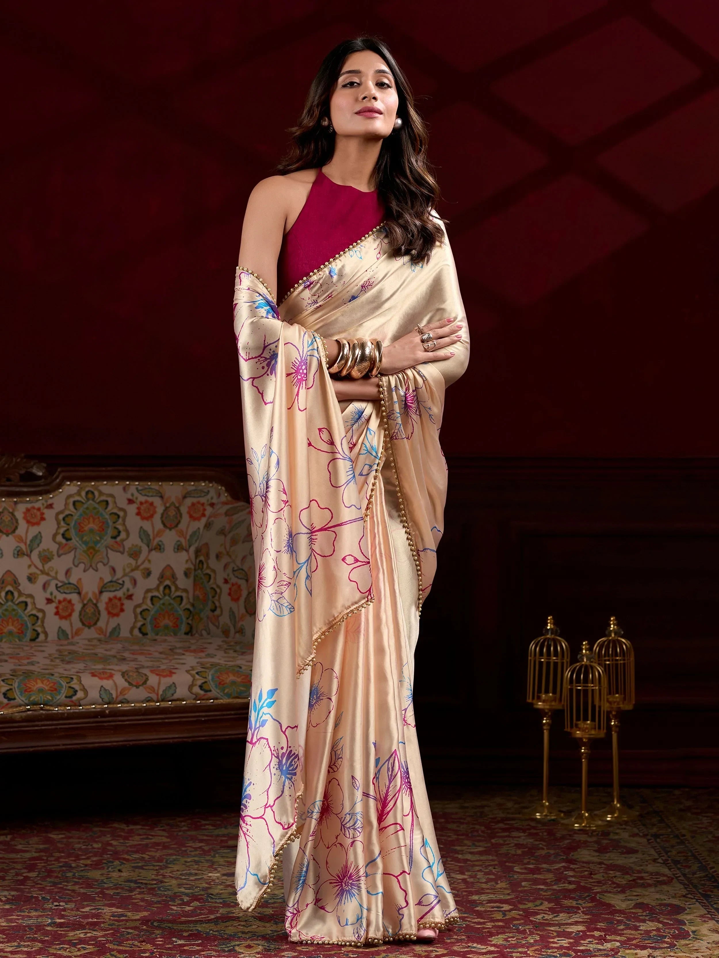 Cream Amazing Satin Floral Printed Event Wear Saree With Blouse