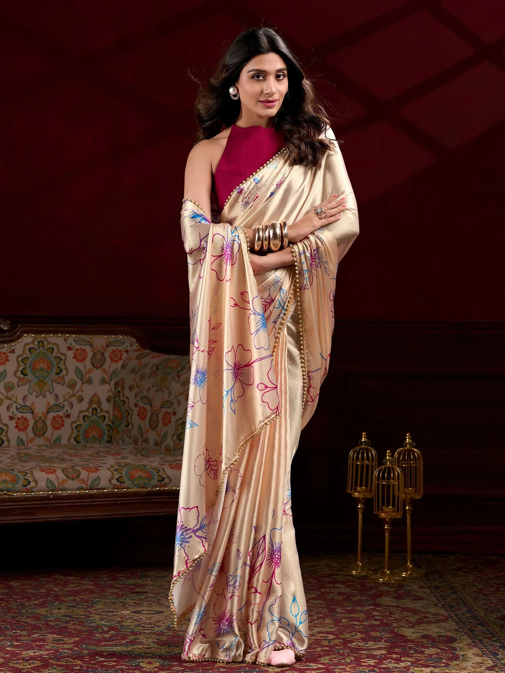 Cream Amazing Satin Floral Printed Event Wear Saree With Blouse