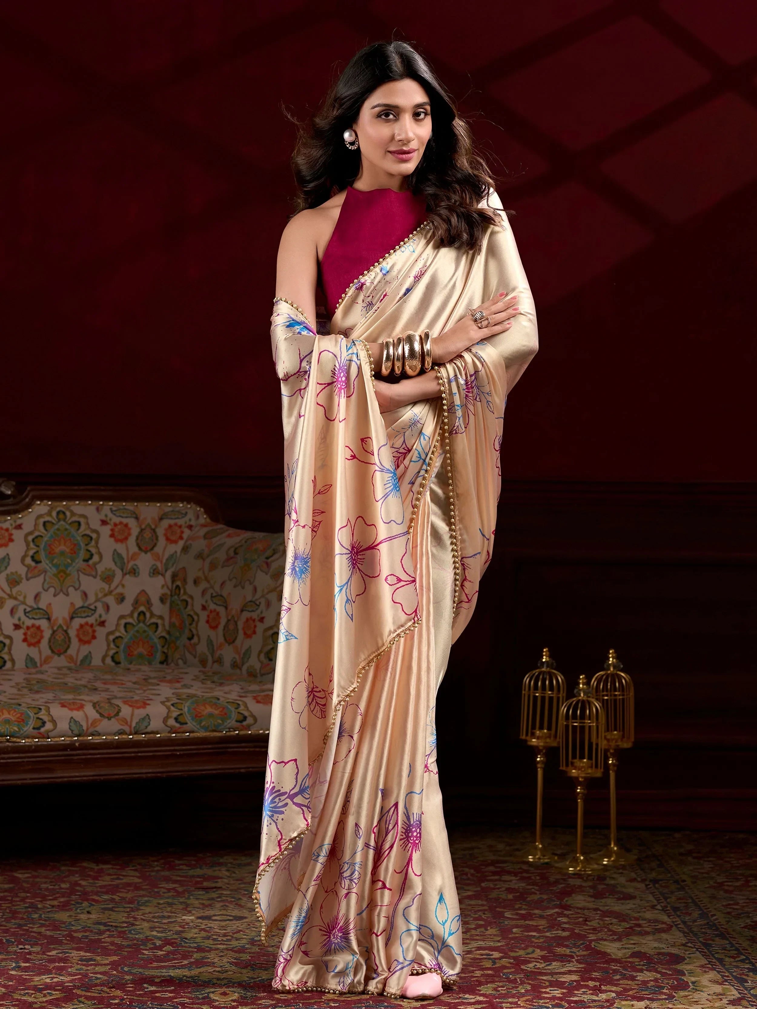 Cream Amazing Satin Floral Printed Event Wear Saree With Blouse