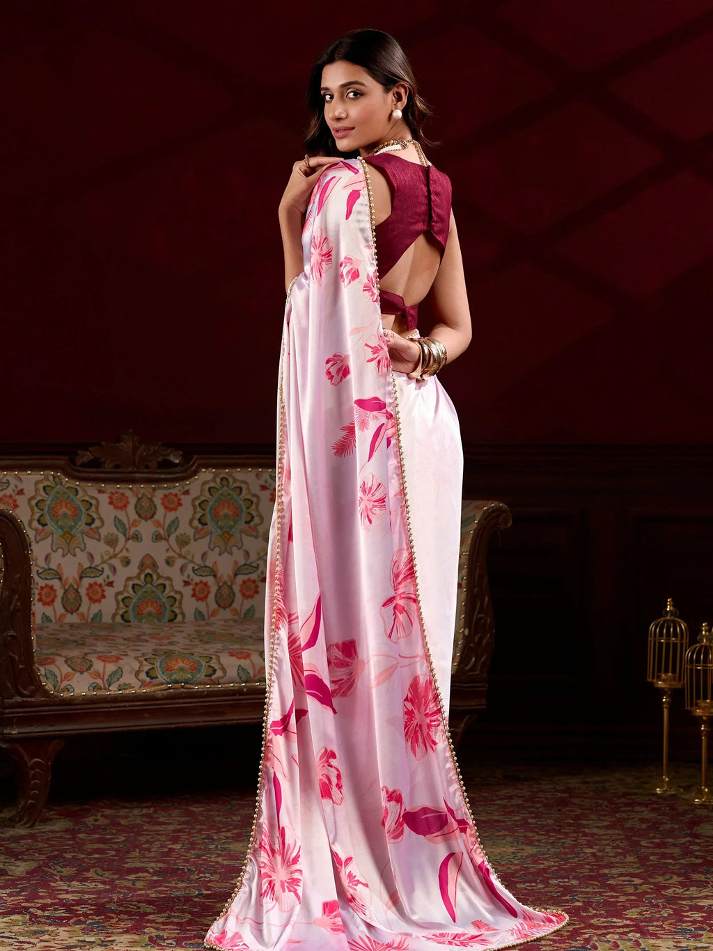 Light Pink Amazing Satin Floral Printed Event Wear Saree With Blouse