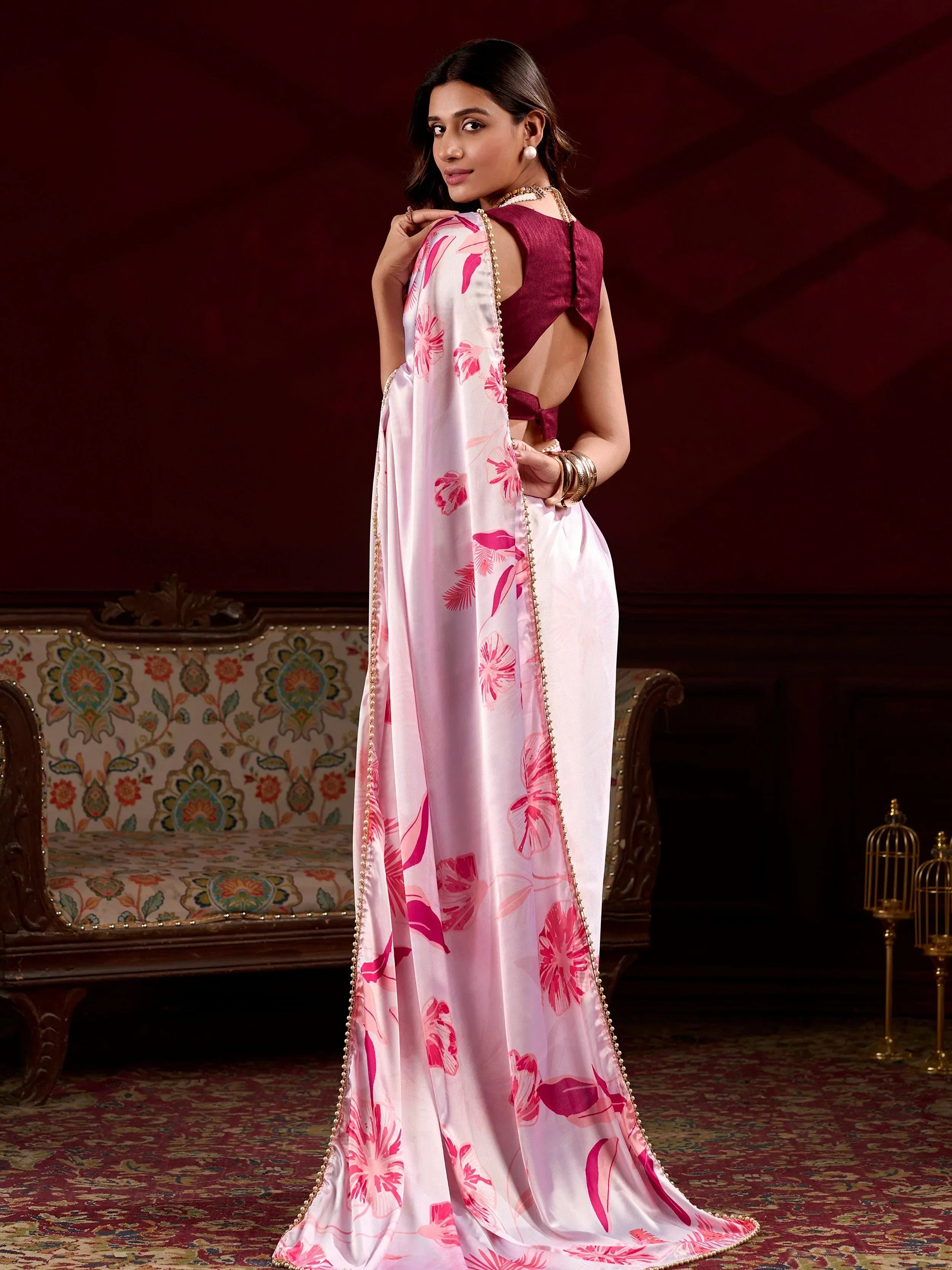 Light Pink Amazing Satin Floral Printed Event Wear Saree With Blouse