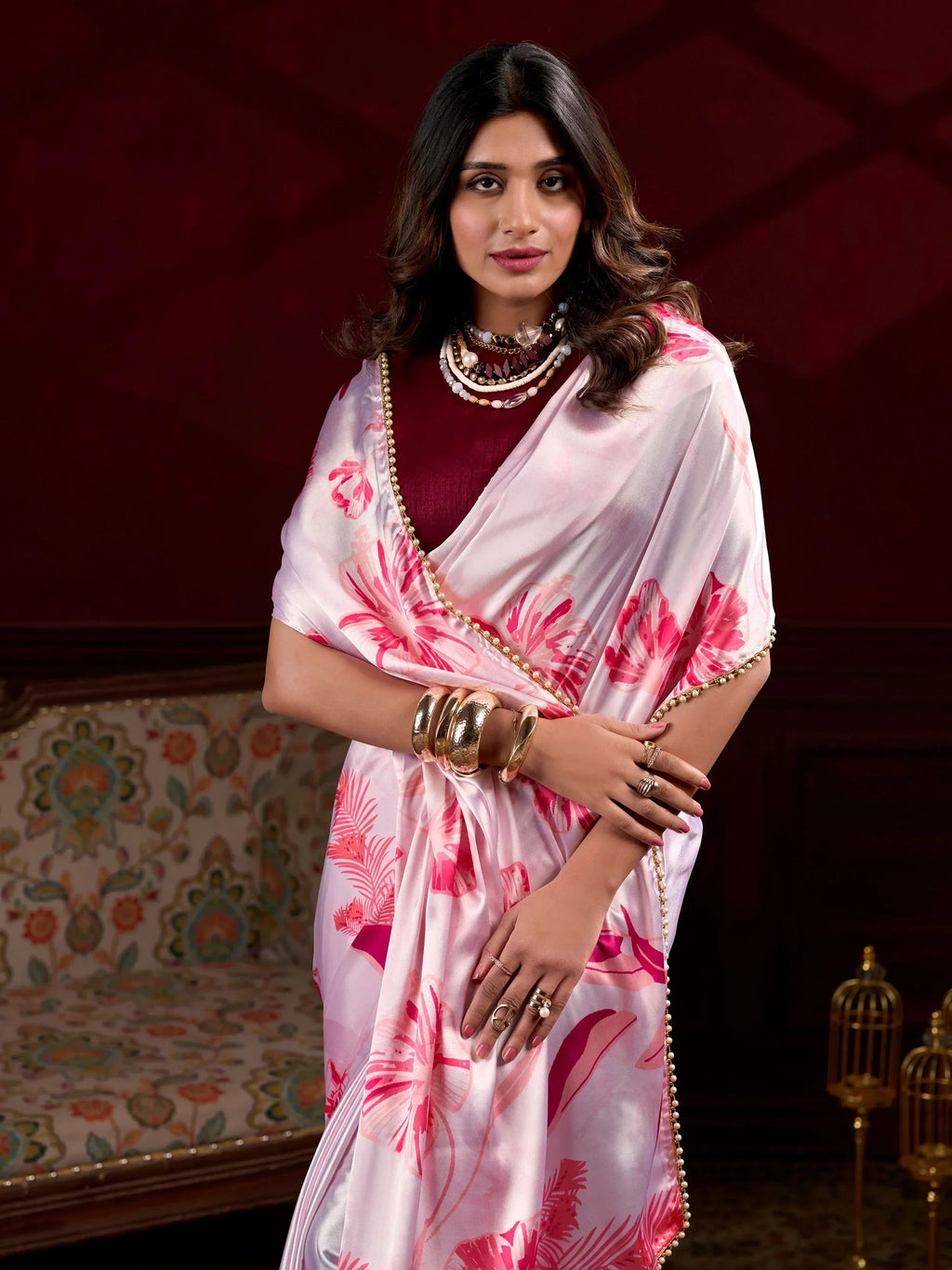 Light Pink Amazing Satin Floral Printed Event Wear Saree With Blouse