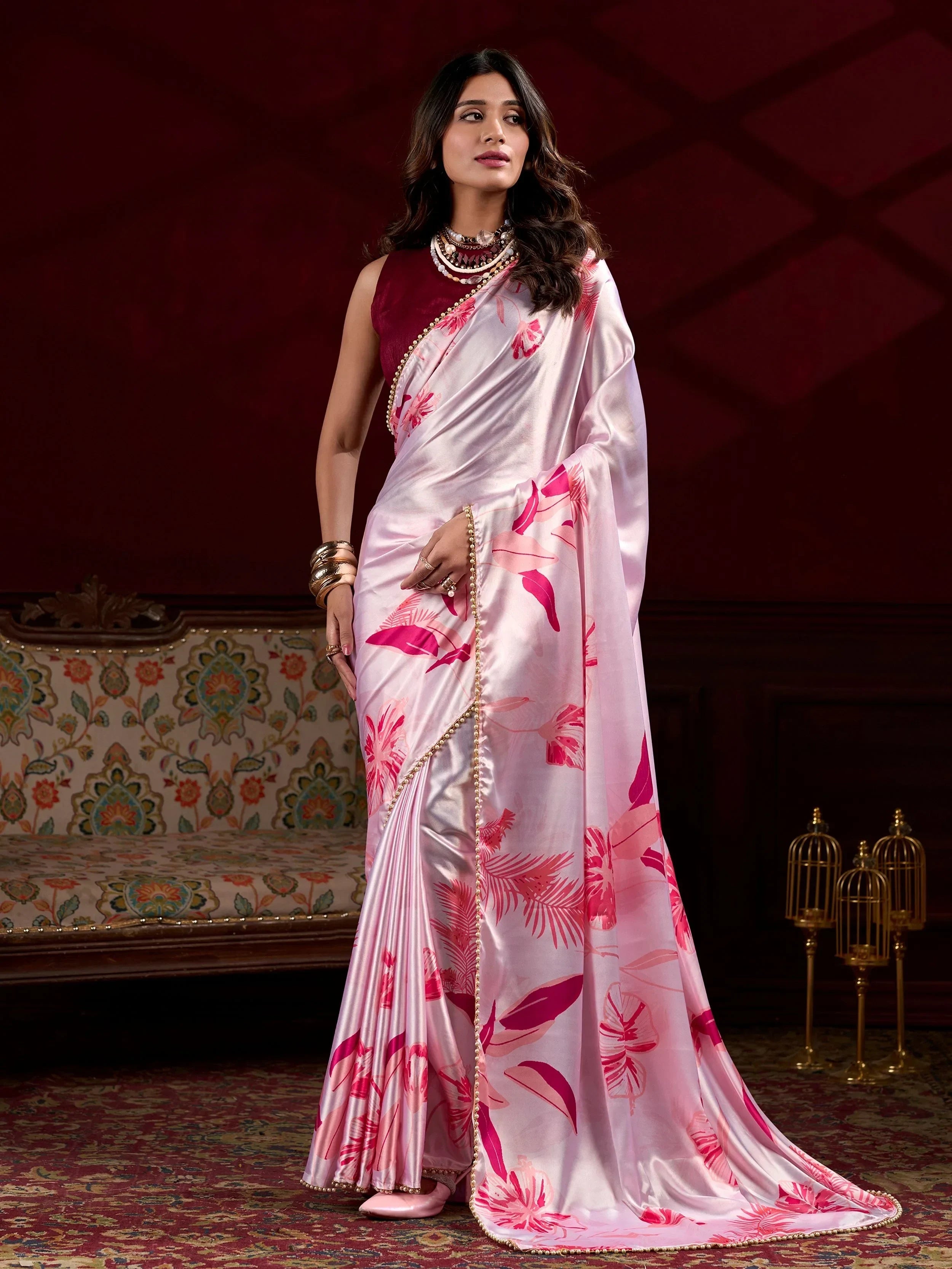 Light Pink Amazing Satin Floral Printed Event Wear Saree With Blouse