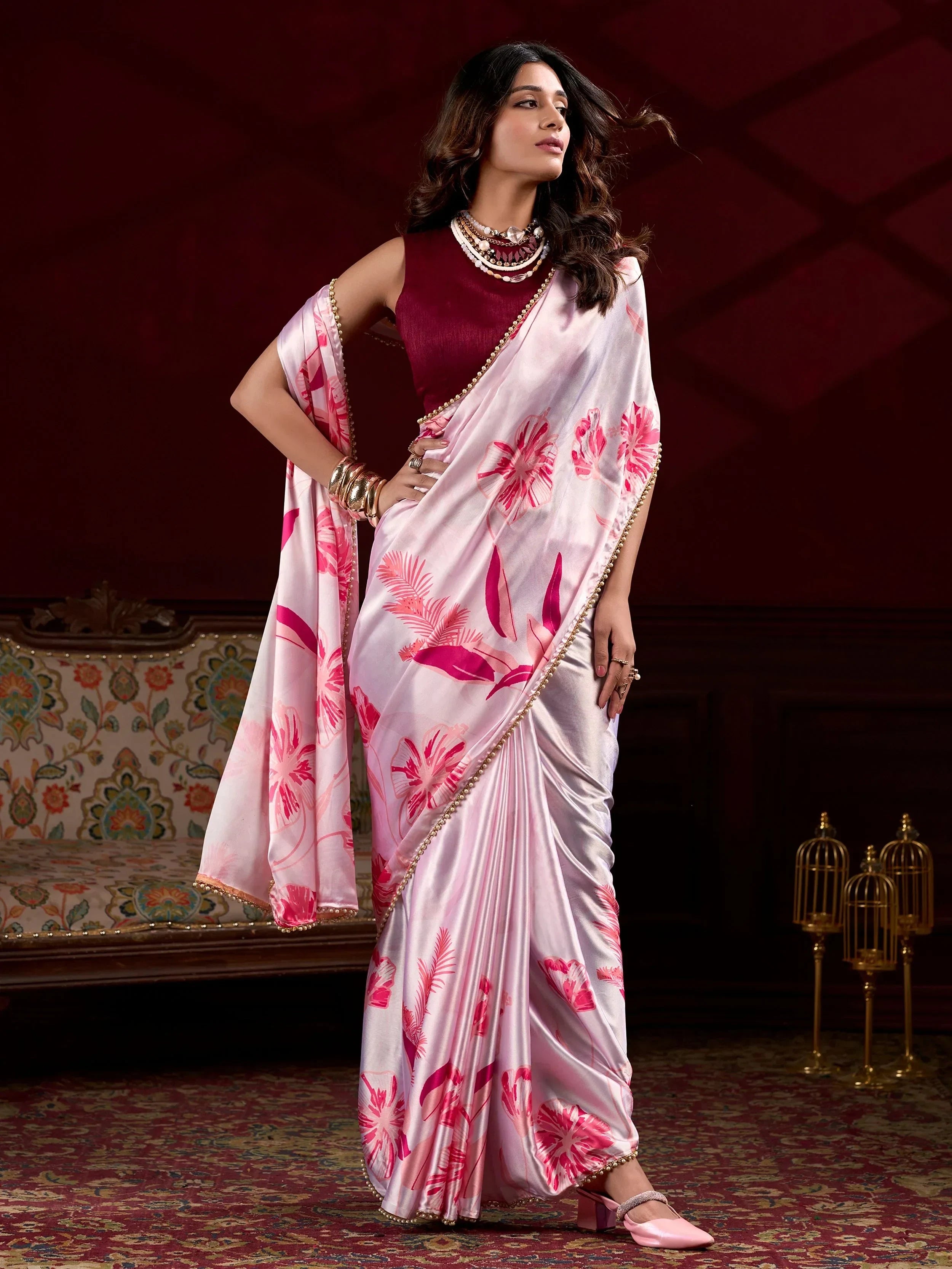 Light Pink Amazing Satin Floral Printed Event Wear Saree With Blouse