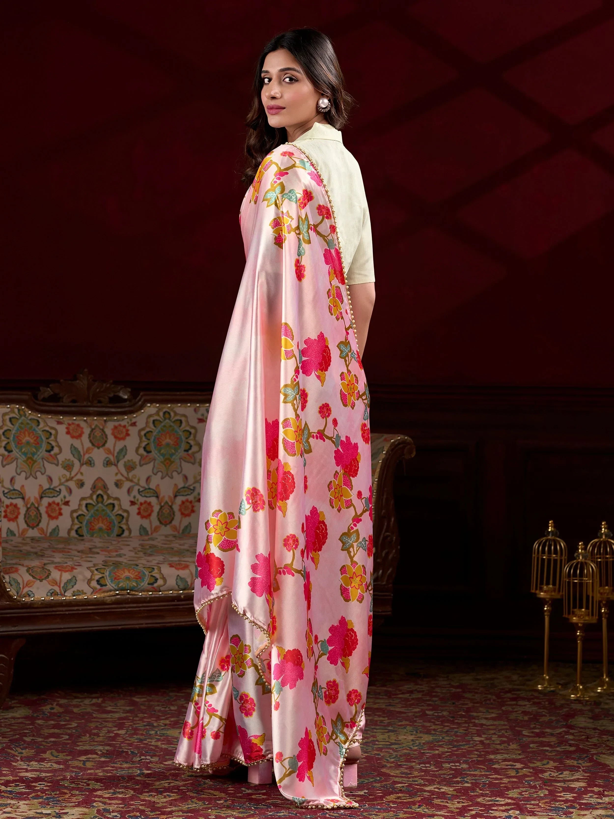 Peach Amazing Satin Floral Printed Event Wear Saree With Blouse