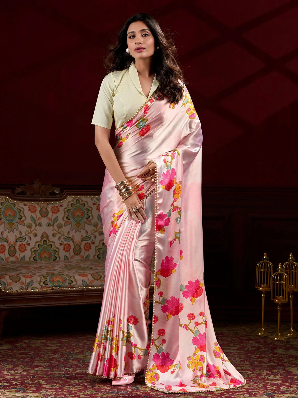 Peach Amazing Satin Floral Printed Event Wear Saree With Blouse
