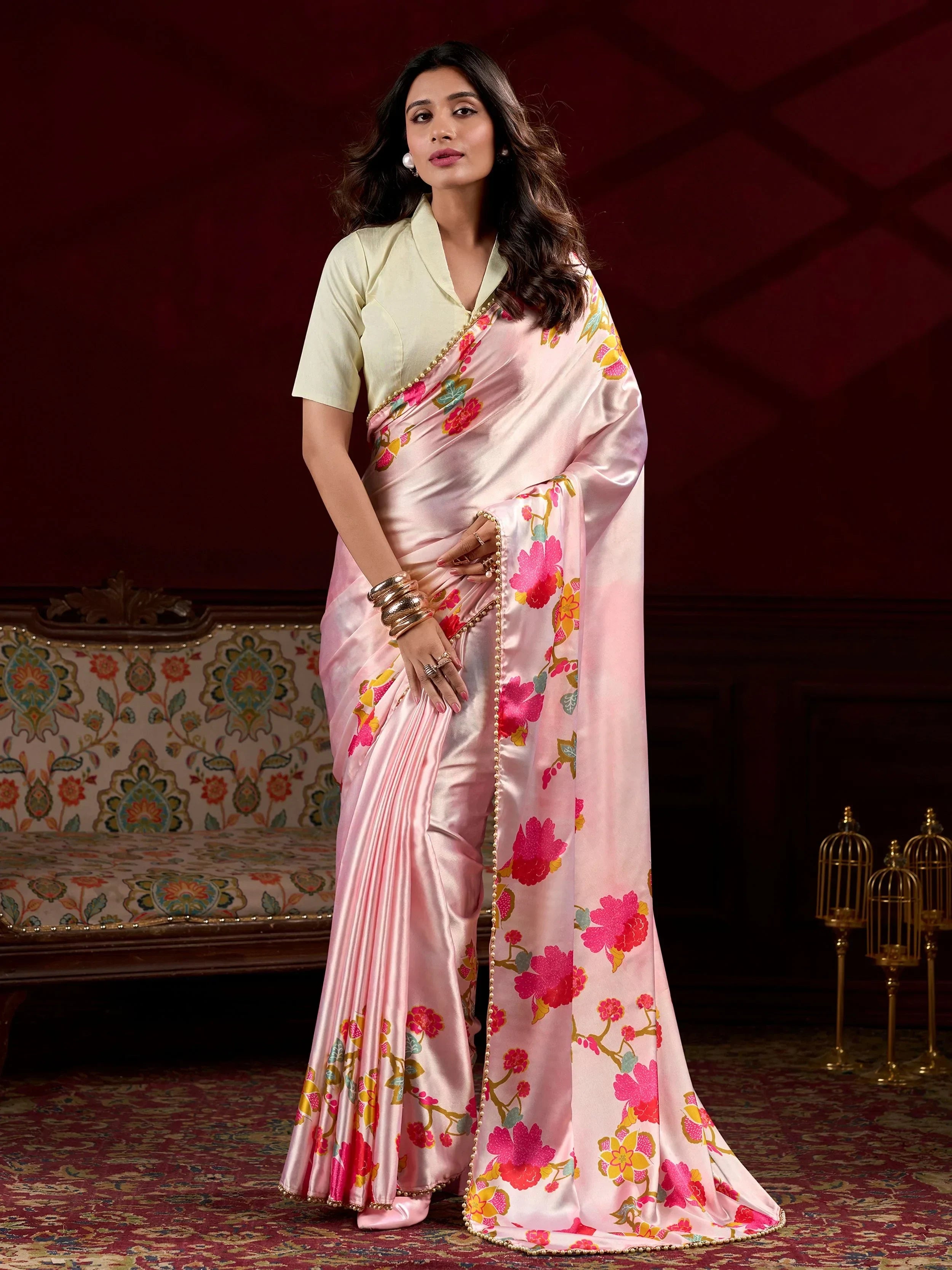 Peach Amazing Satin Floral Printed Event Wear Saree With Blouse