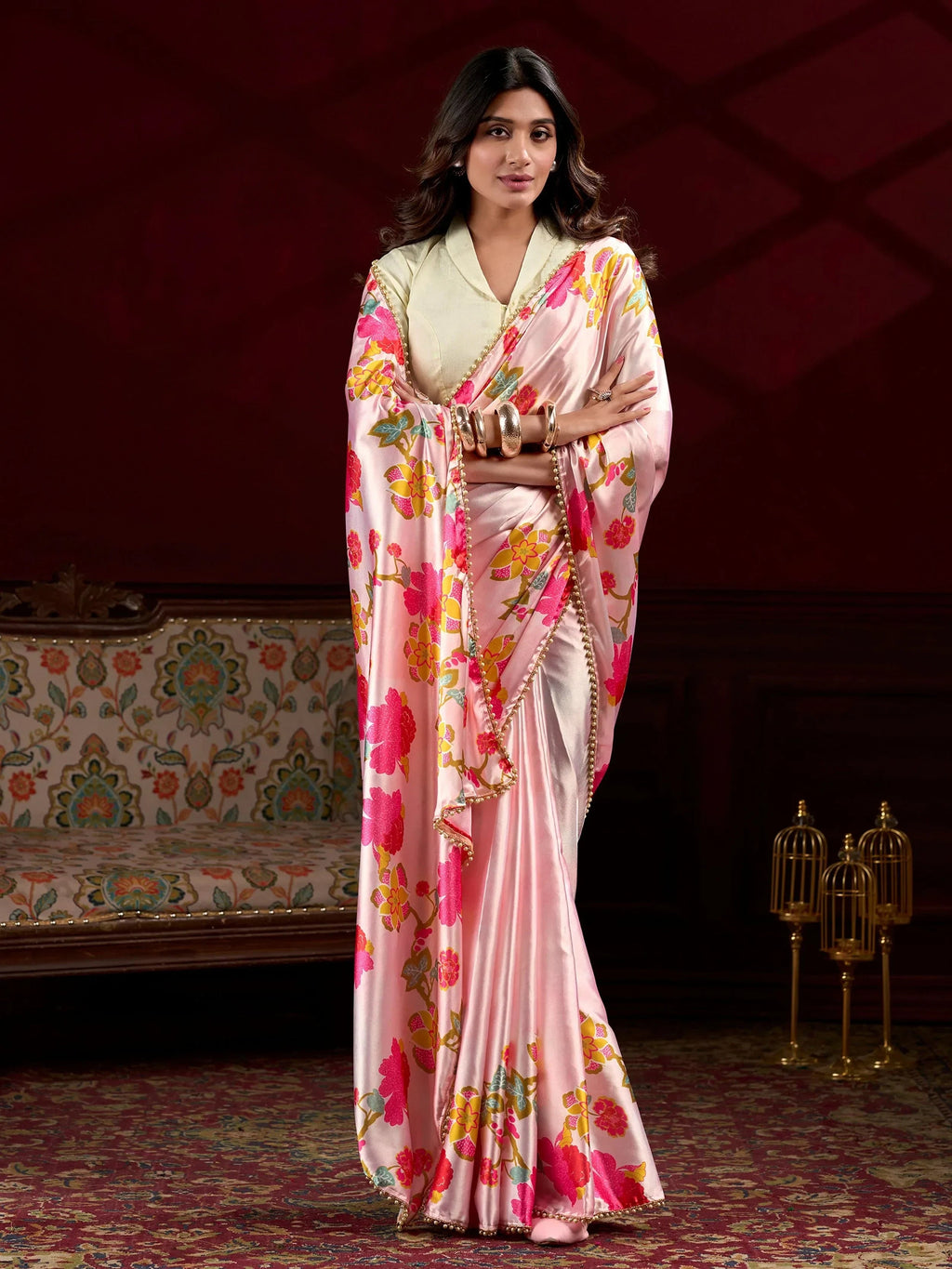 Peach Amazing Satin Floral Printed Event Wear Saree With Blouse