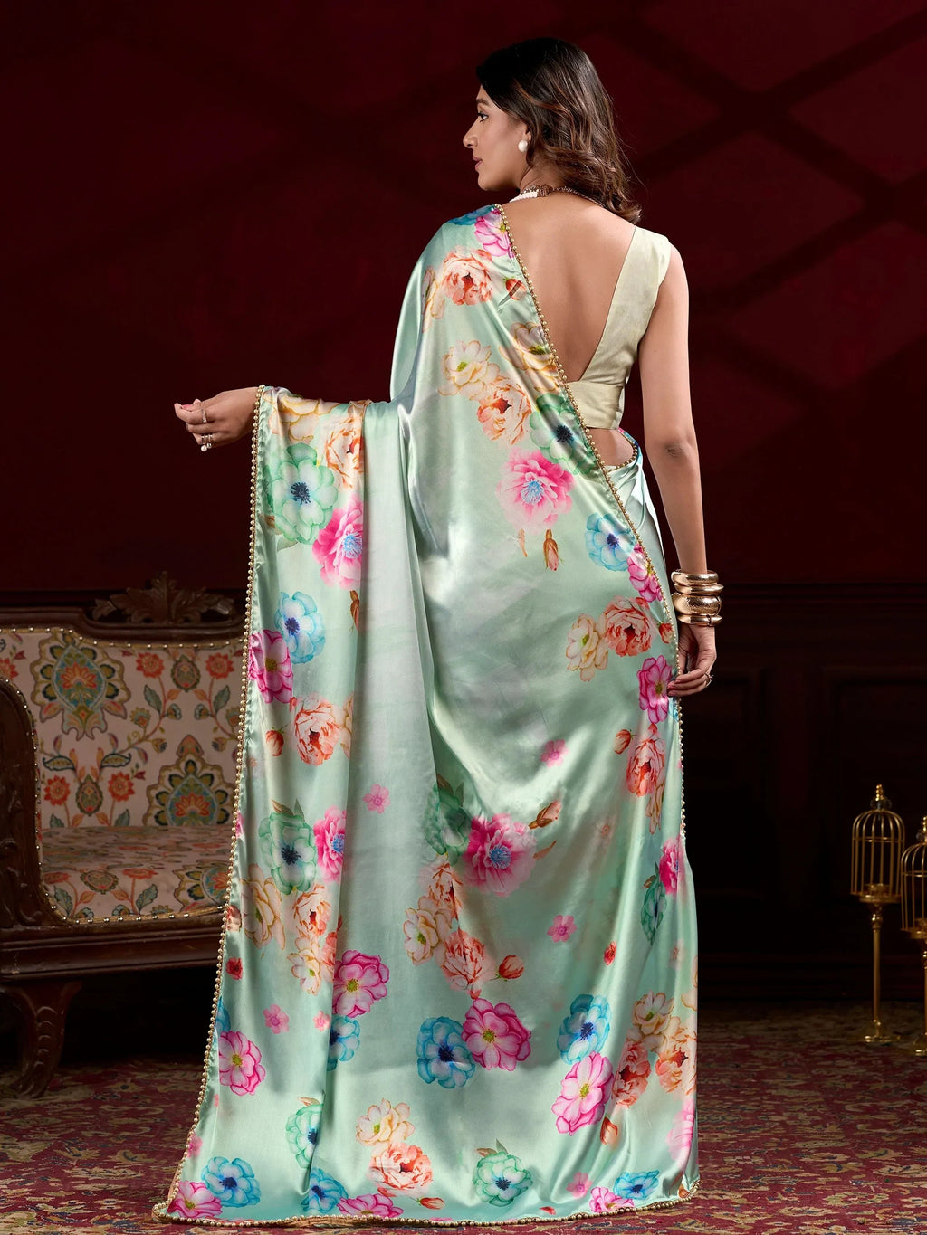 Green Amazing Satin Floral Printed Event Wear Saree With Blouse