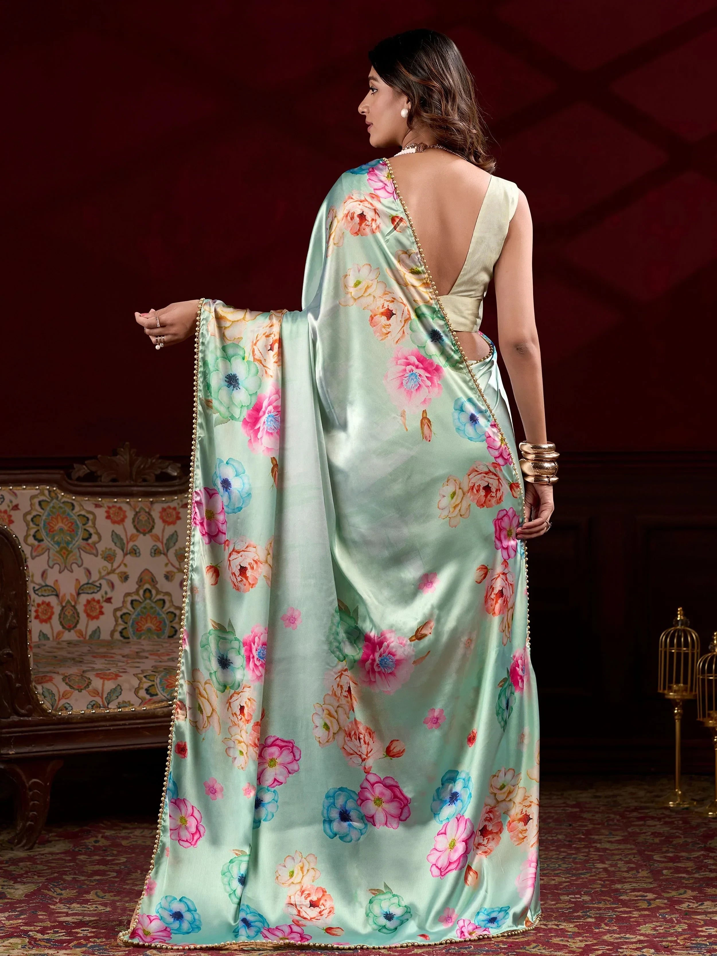 Green Amazing Satin Floral Printed Event Wear Saree With Blouse