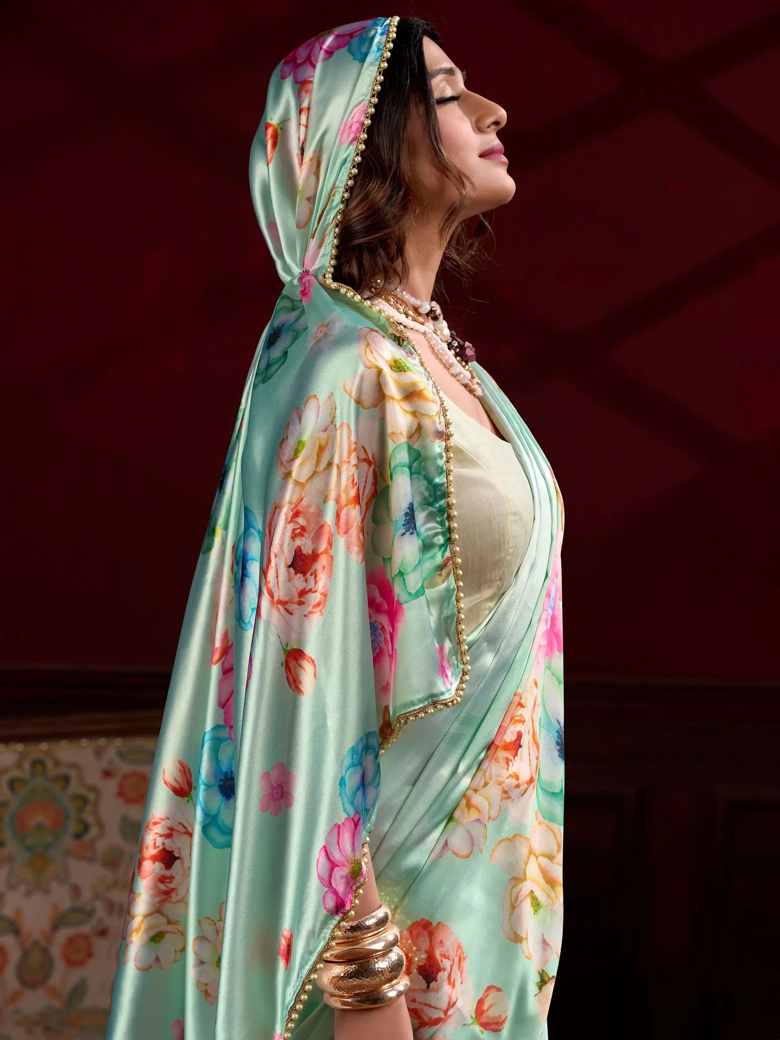 Green Amazing Satin Floral Printed Event Wear Saree With Blouse