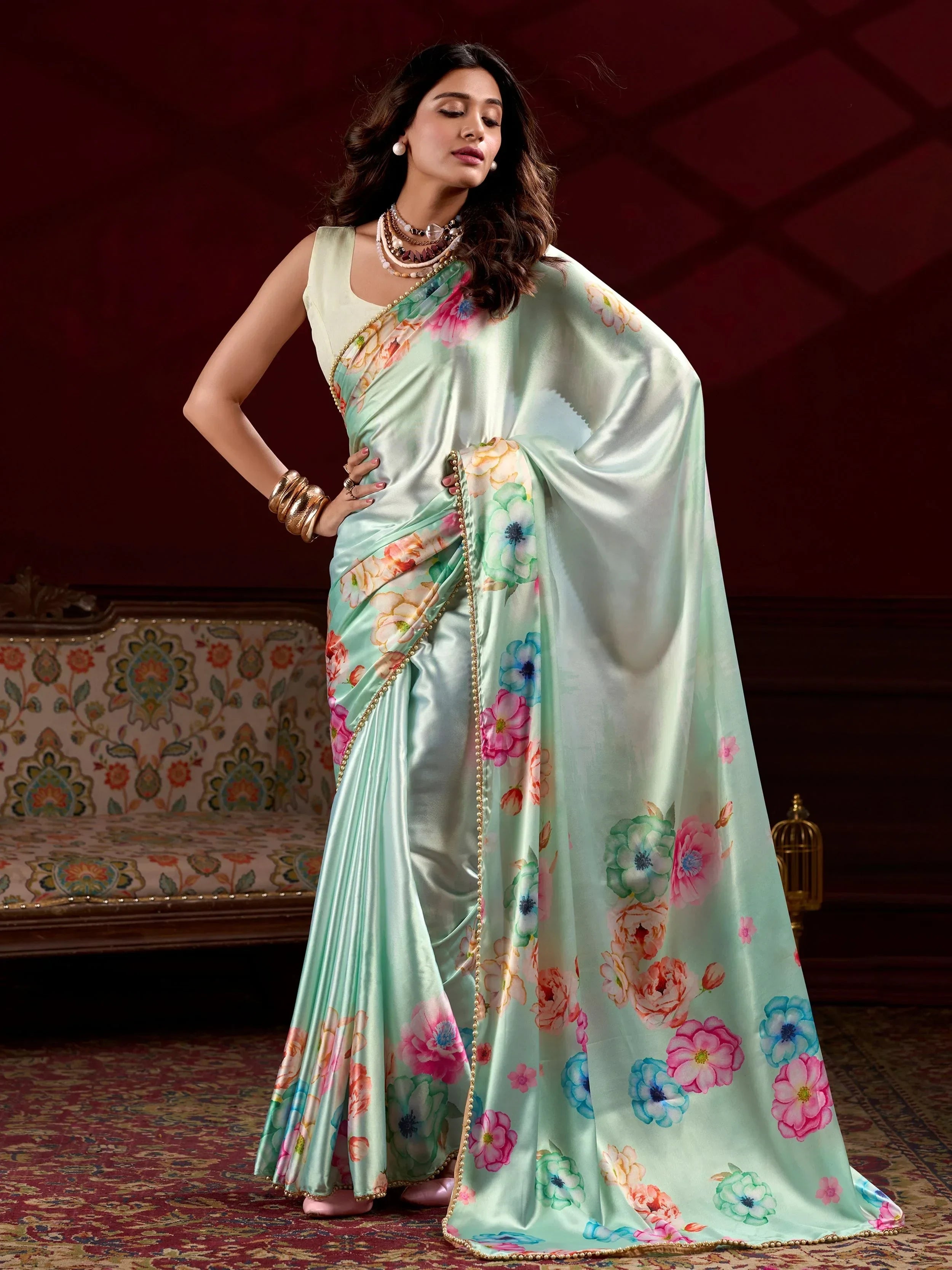 Green Amazing Satin Floral Printed Event Wear Saree With Blouse