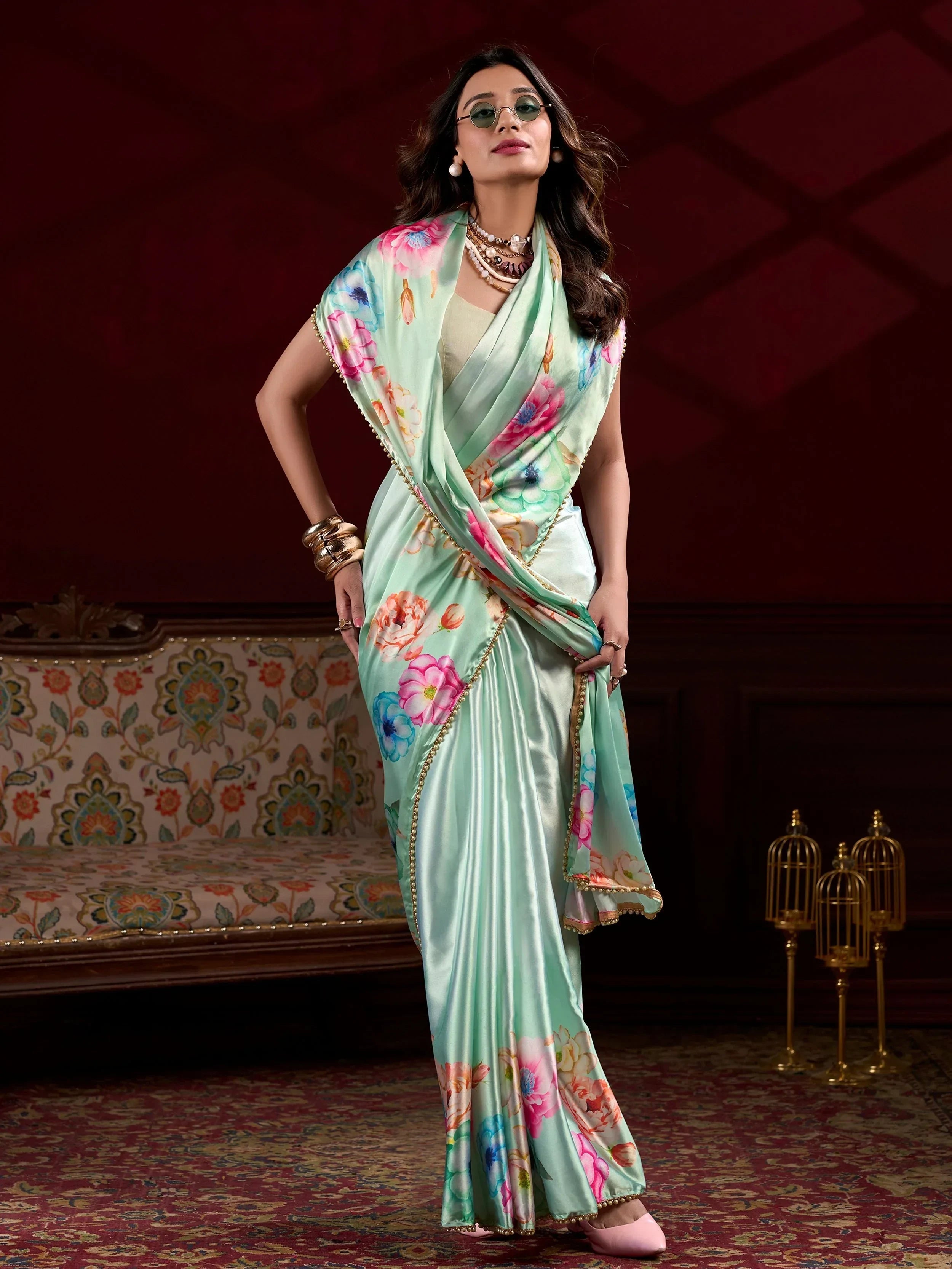 Green Amazing Satin Floral Printed Event Wear Saree With Blouse