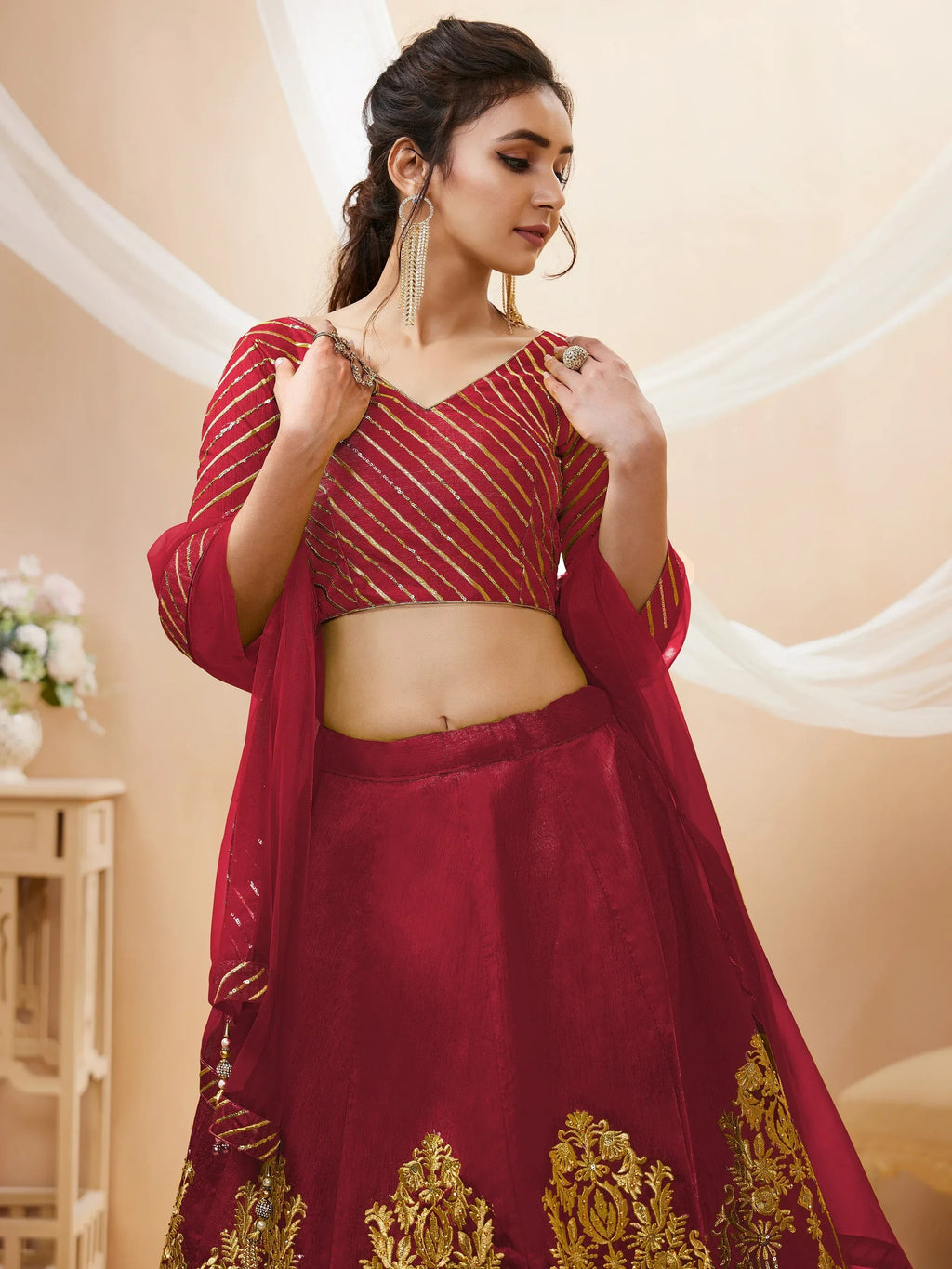 Fascinating Red Sequins Silk Wedding Lehenga Choli With Dupatta