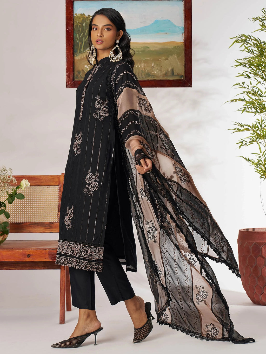 Chic Black Pure Organza Embroidered Festival Wear Straight Suit