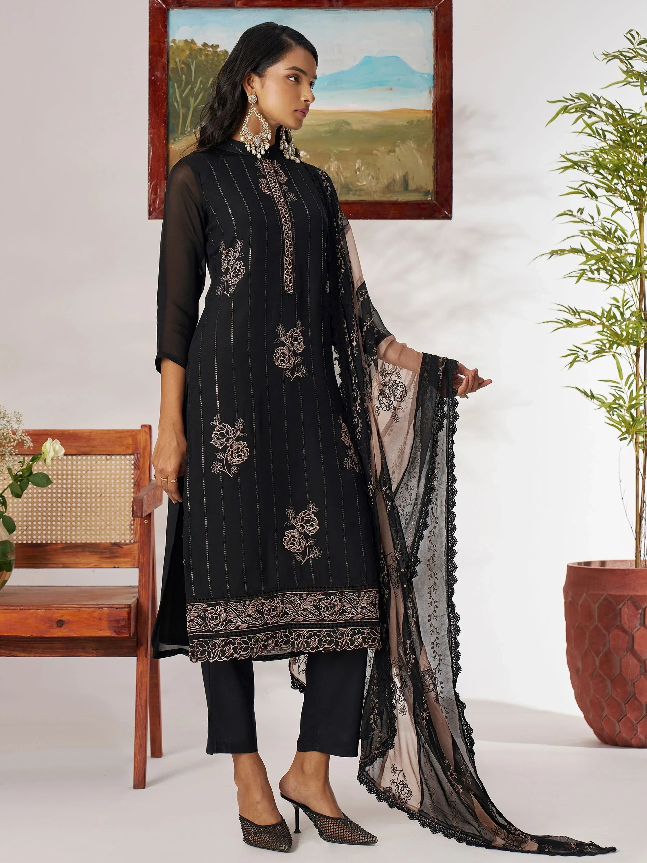 Chic Black Pure Organza Embroidered Festival Wear Straight Suit