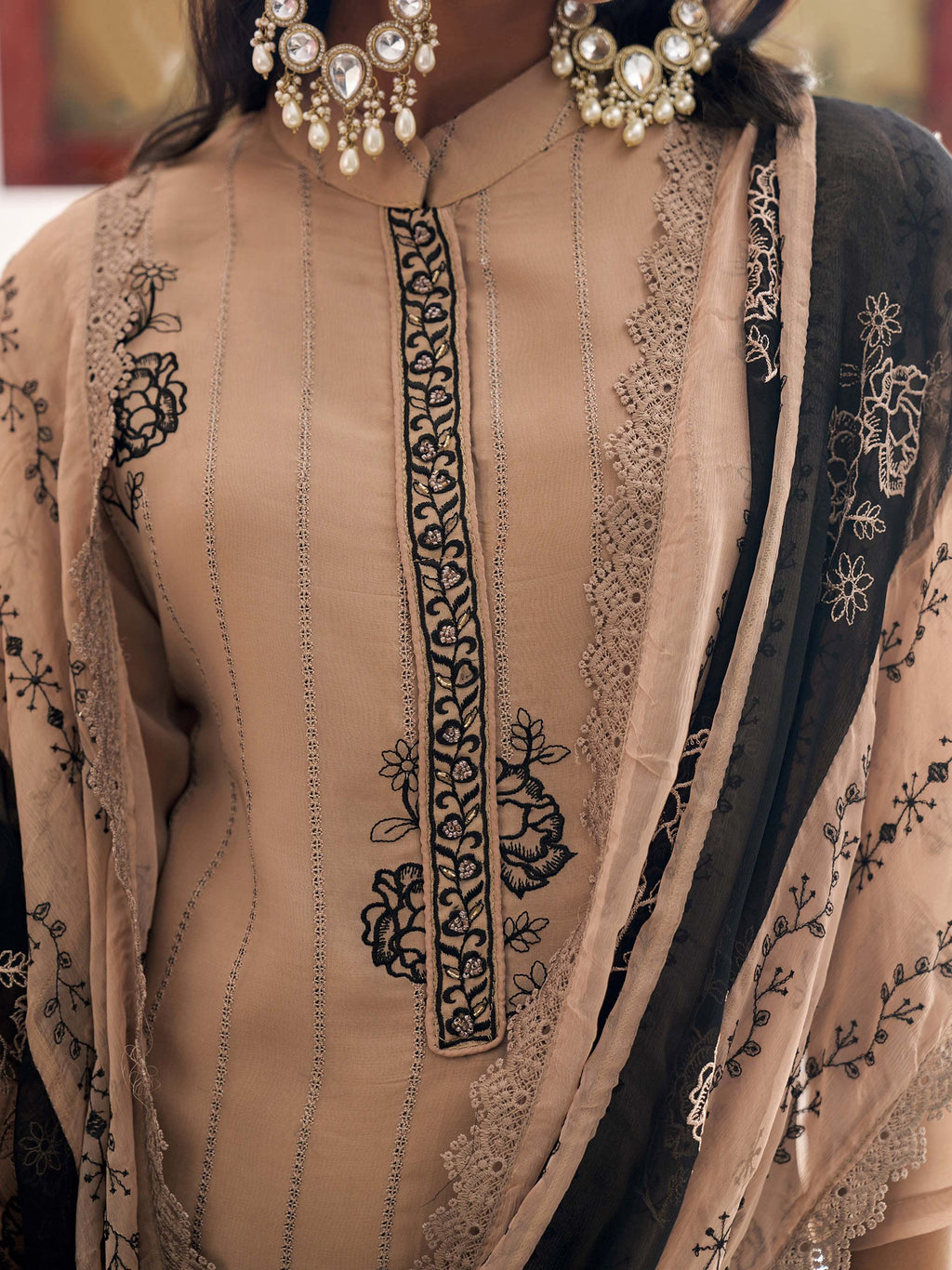 Regal Brown Organza Thread Embroidered Eid Wear Pant Salwar Suit