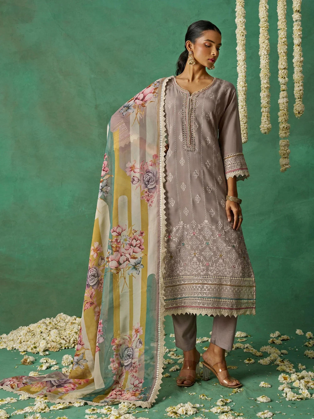 Classic Grey Thread Embroidered Organza Traditional Wear Salwar Kameez