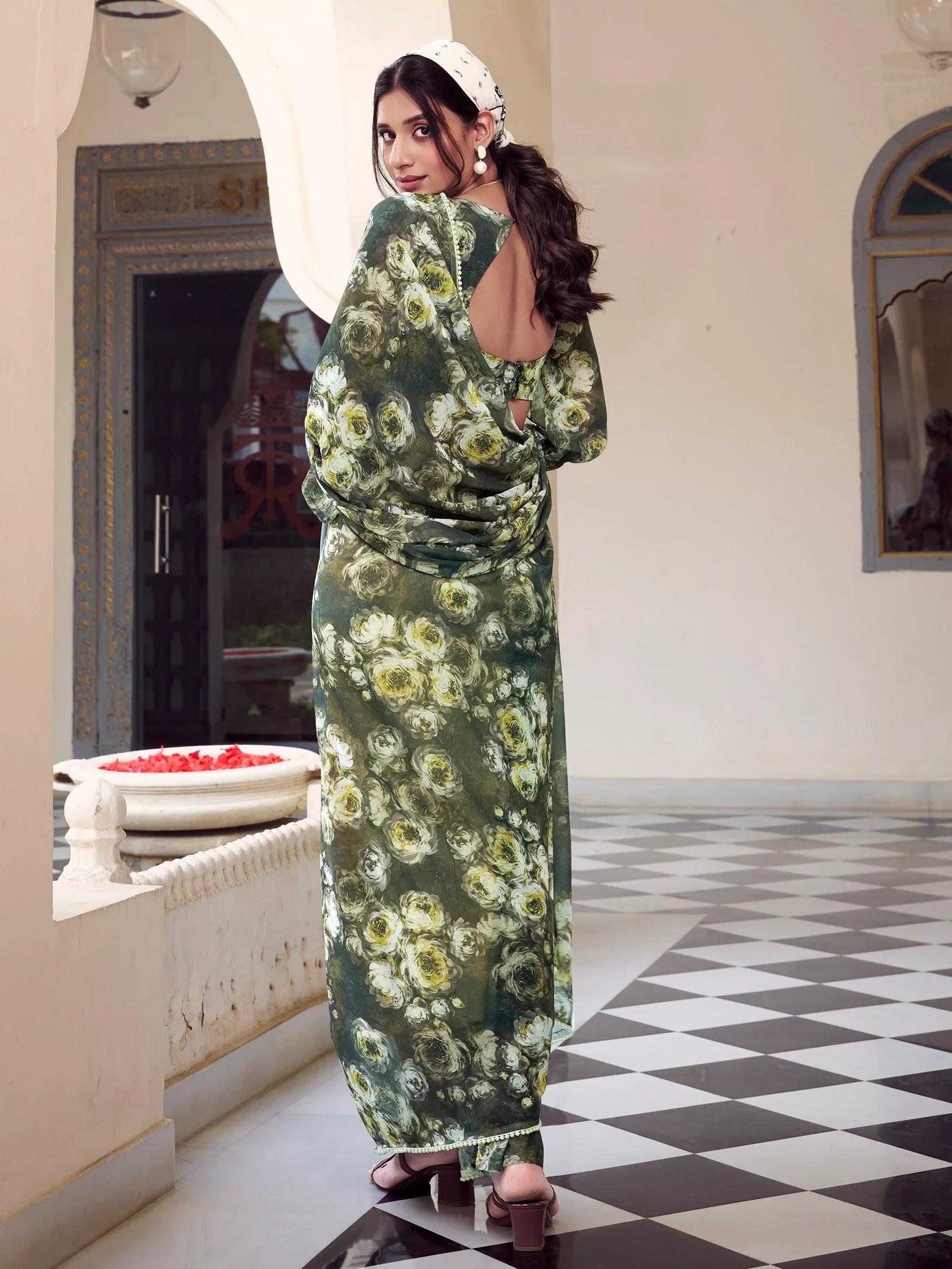Green Enchanting Mehendi Floral Printed Georgette Casual Wear Saree