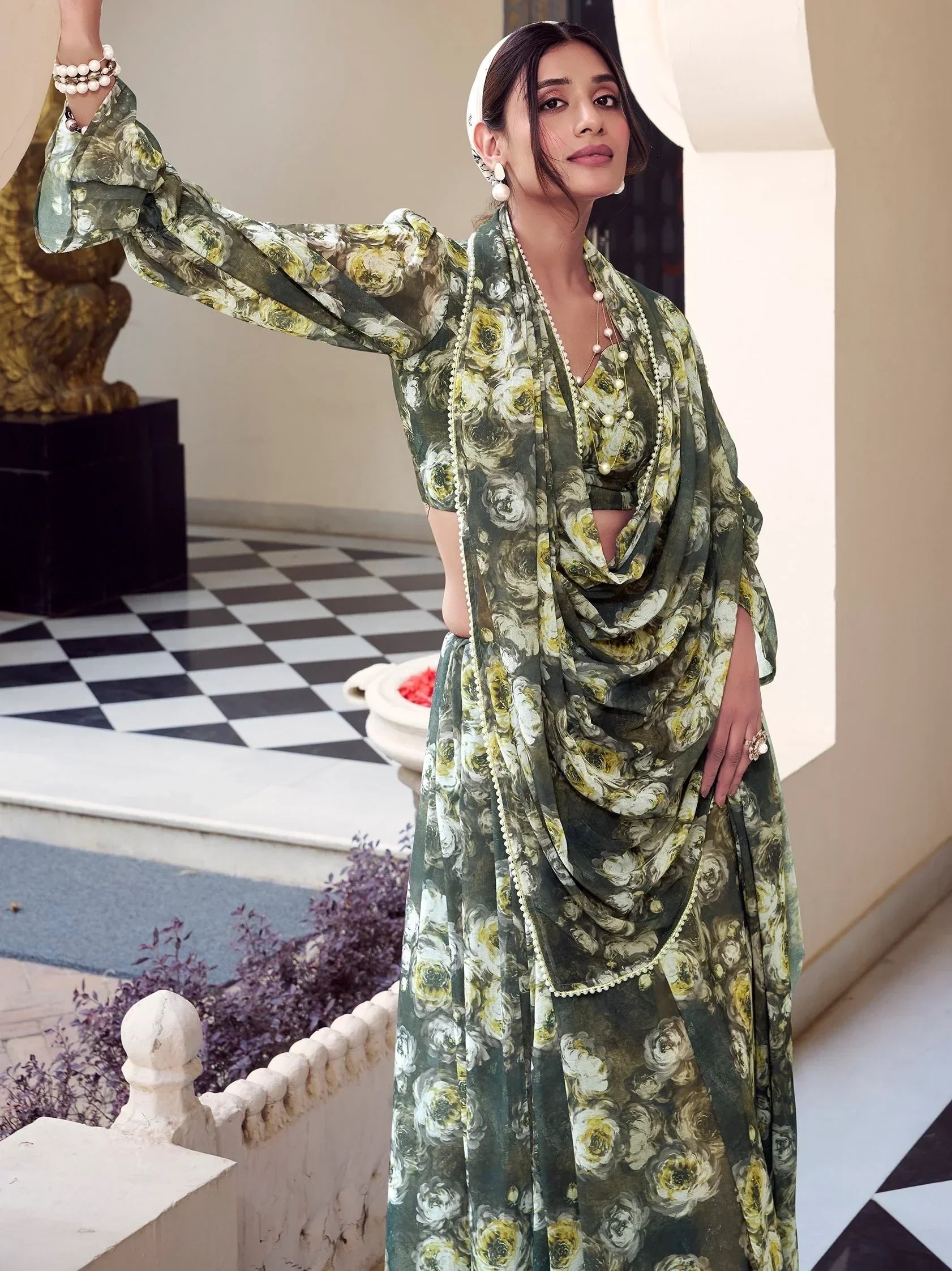 Green Enchanting Mehendi Floral Printed Georgette Casual Wear Saree