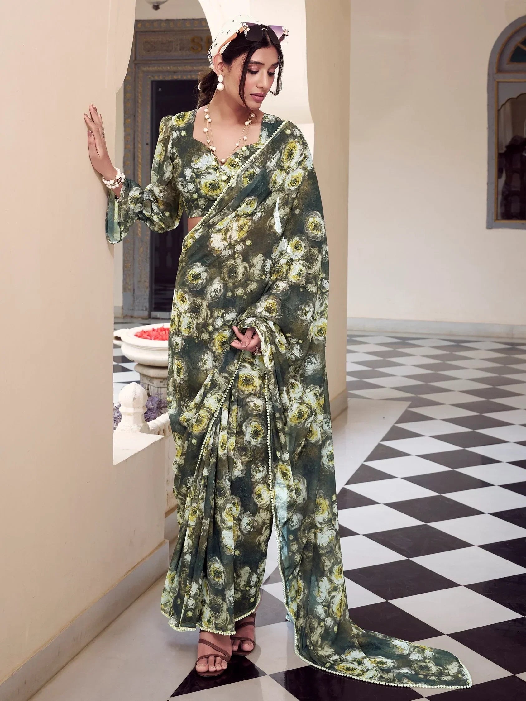Green Enchanting Mehendi Floral Printed Georgette Casual Wear Saree