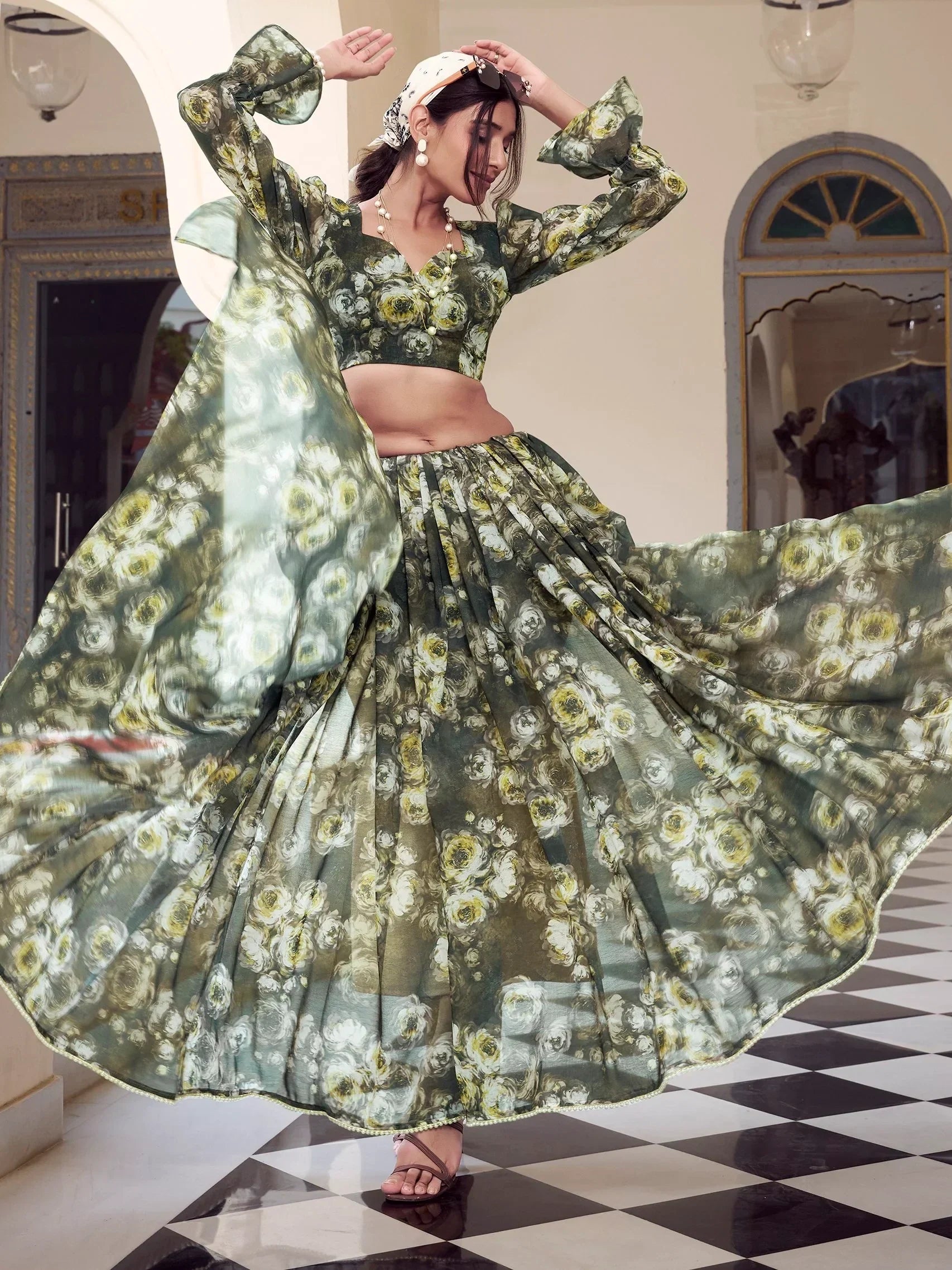 Green Enchanting Mehendi Floral Printed Georgette Casual Wear Saree